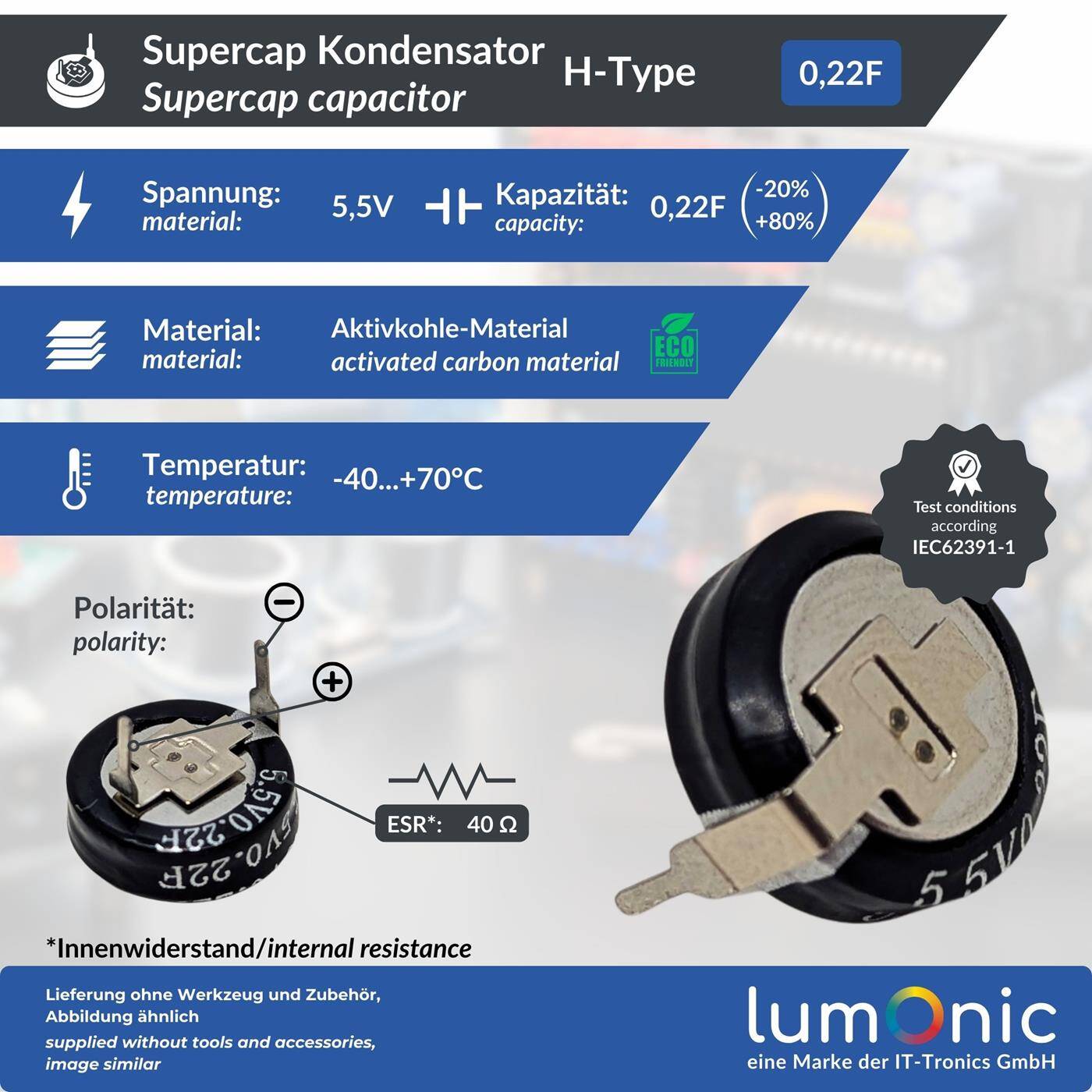 Lumonic 5x Supercap 0,22F 5,5V H-Type | EDLC for direct use, high capacity | 5.5V monoblock - no balancing necessary | Flicker protection, backup, PLC, heating