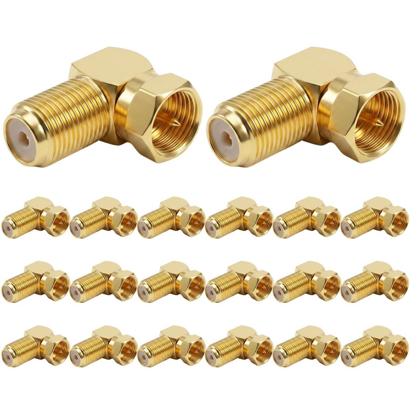 Lumonic 20 Stück F-Winkeladapter vergoldet | 90° gewinkelter Buchsen-Stecker-Adapter | Knickschutz | F-Winkelstecker für Koaxialkabel, SAT Kabel, Kabelinternet