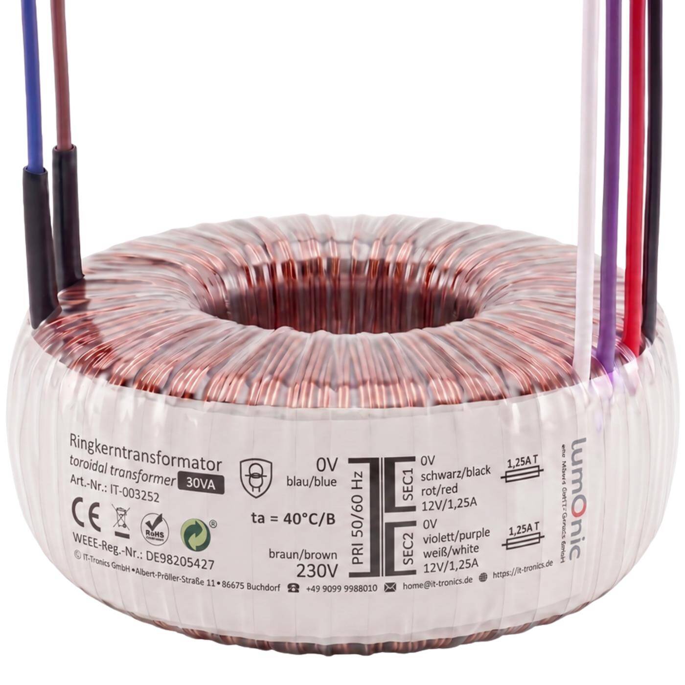Lumonic Ringkerntrafo Transformator 30VA | Primär 230V AC | Sekundär 2x 12V AC oder 1x 24V AC | Brummarm | Transformator für HiFi Audio Verstärker