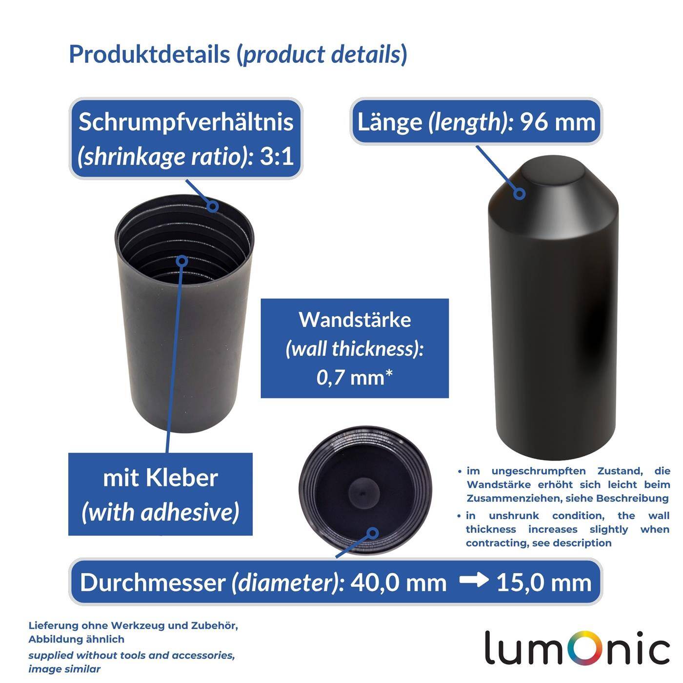 Lumonic I Heat-shrink end cap with adhesive I 40 -> 15mm I black I Ratio 3:1 I cross-linked polyolefin I Shrink cap I for cables, pipes and ropes