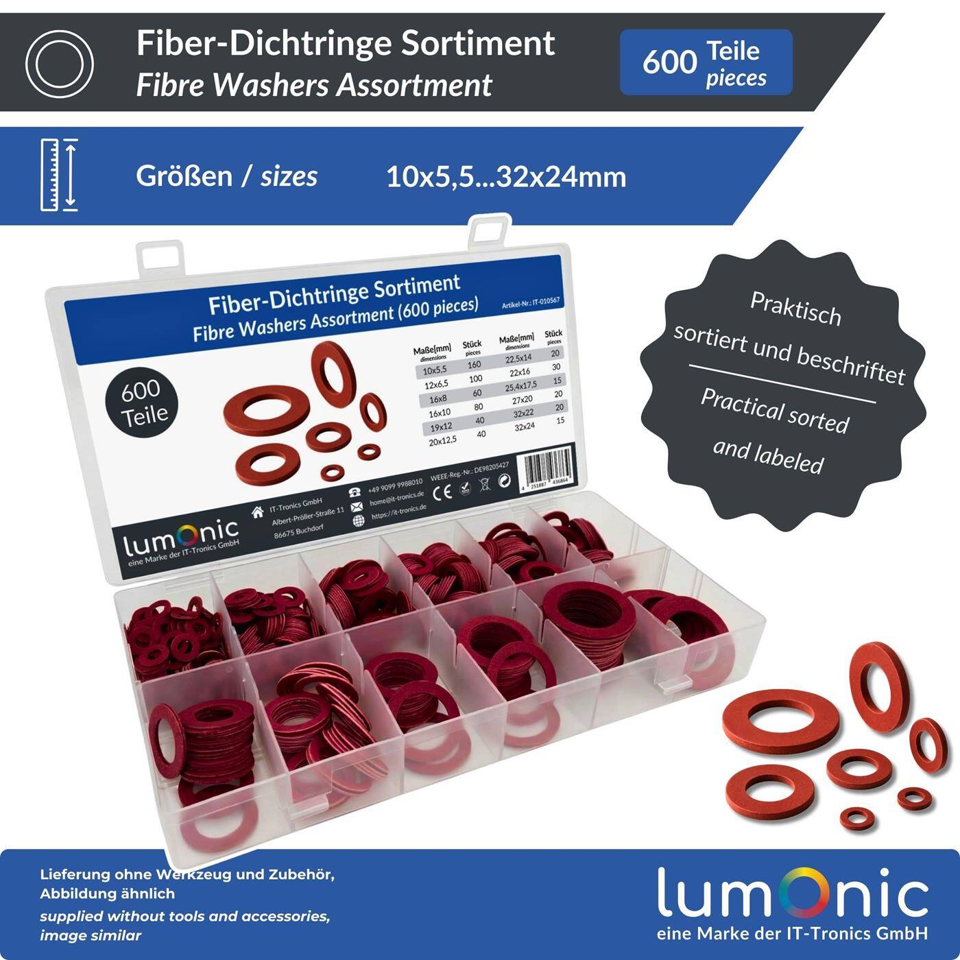 Lumonic Fiber sealing ring assortment | 600 parts, 12 common sizes (10-32mm) | Sanitary flat gasket set | in practical assortment box