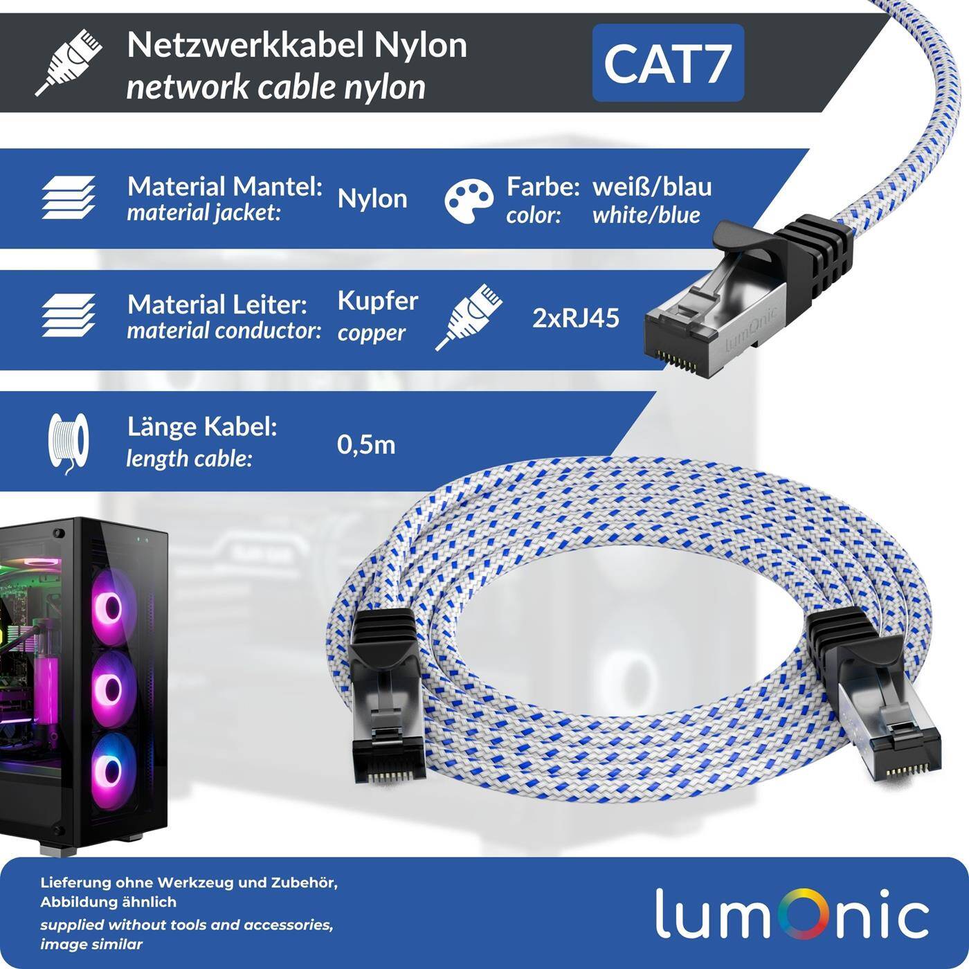 0,5m CAT7 Patchkabel S/FTP RJ45 Weiß Blau Premium Nylon Optik Ethernet LAN Netzwerkkabel