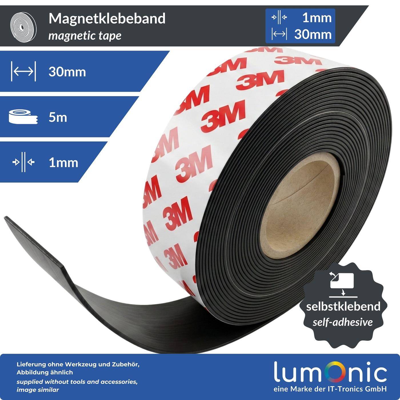 Lumonic 5m Magnetic tape | 30x1mm | Flexible, self-adhesive, can be cut to size, without drilling | Fly screen, school and blackboard