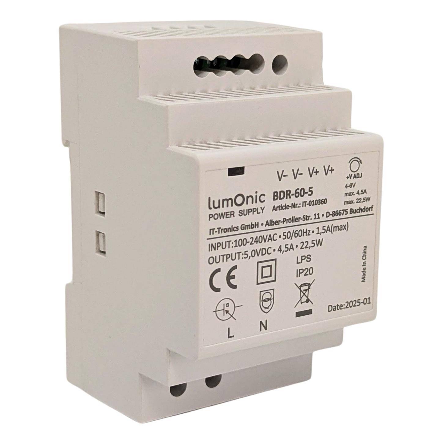 Lumonic I Top-hat rail power supply unit BDR-60-5 I 5V / 22,5W I Input 100-240VAC I Overload protection I DIN-Rail switching power supply I Switch cabinet