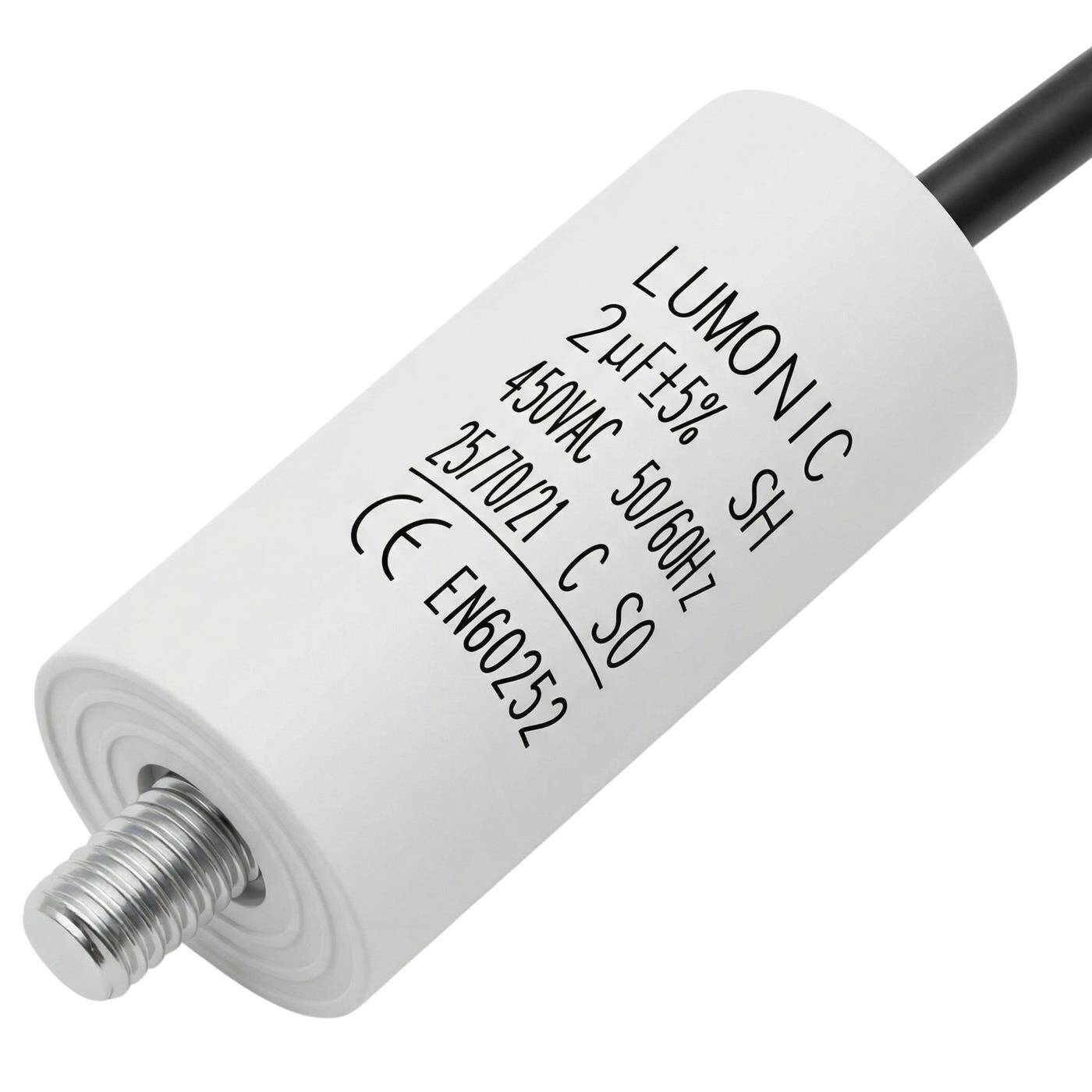 Lumonic Anlaufkondensator 2µF 450V | mit Kabel I 26x55mm I 2uF I Motorkondensator mit Kunststoffgehäuse I Betriebskondensator I für Pumpen, Rasenmäher, Werkzeuge