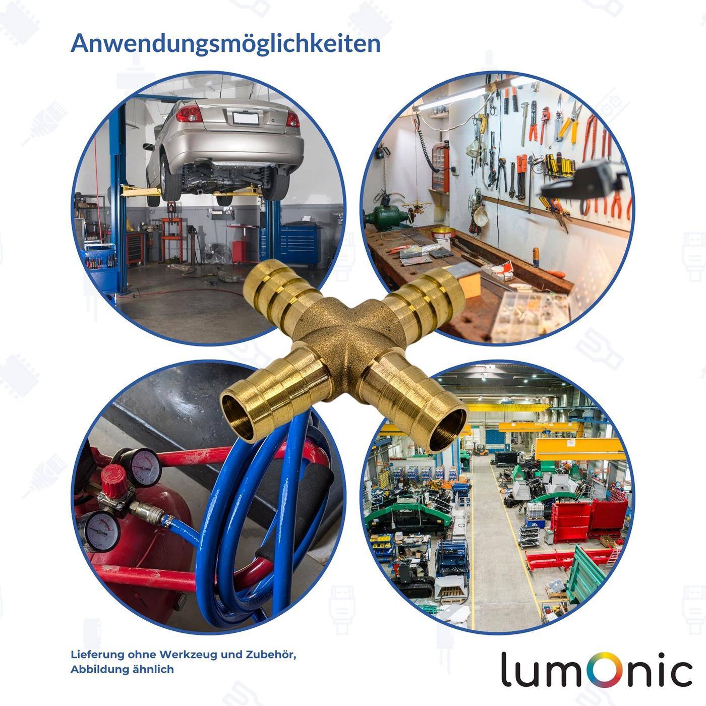 X-hose connector for 9mm (3/8") hose made of brass Cross connector X-piece with spike profile Compressed air for workshops, businesses and DIY enthusiasts