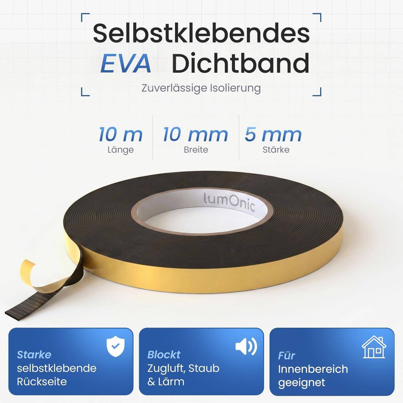 Lumonic 10 m Self-adhesive foam sealing tape, 10 mm x 5 mm - EVA foam, door seal, window seal, seal against drafts, dampen rattling, decoupling tape, foam tape