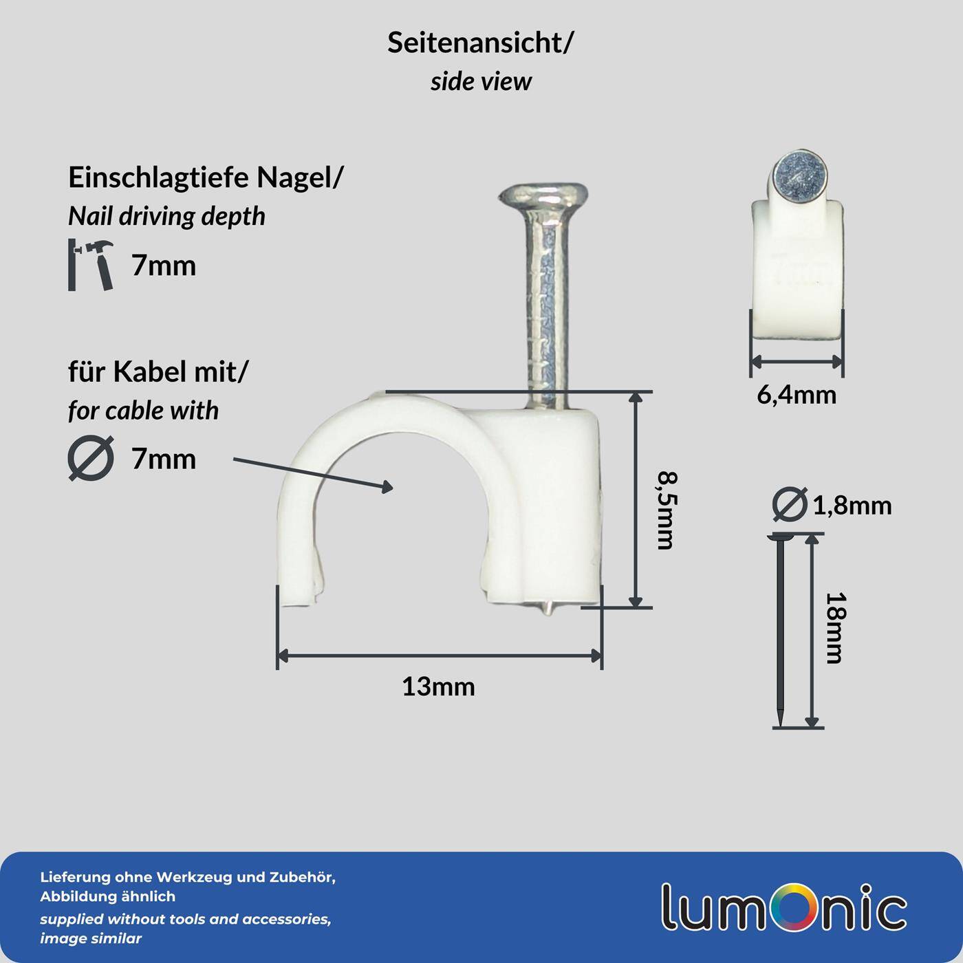 Lumonic 100x Nagelschelle 7mm für Kabel weiss - Kabelschelle mit 18mm Nagel z.B. zur Befestigung an der Wand - Kabelklemmen verschiedene Größen 4-14mm