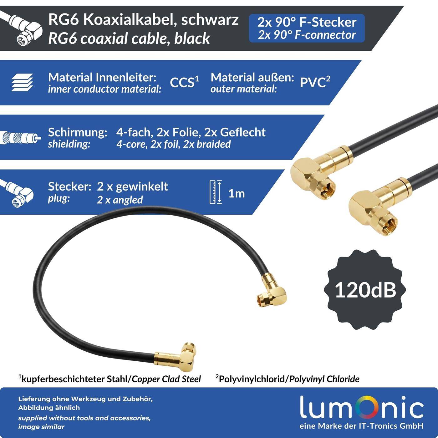 Lumonic 1m Antennenkabel RG6 | 2x vergoldete F-Stecker 90 ° gewinkelt | schwarz | 4-fach geschirmt 120dB | fertig konfektioniert | Koaxialkabel, Sat Kabel, DVB-T2, Kabelinternet