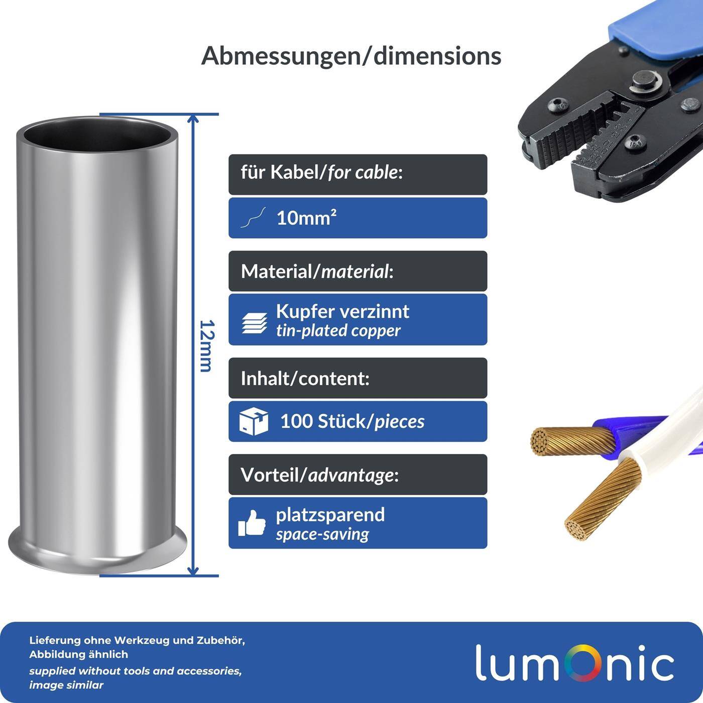 100x Aderendhülse blank 10mm² Kupfer verzinnt 4,5x12mm Hülse