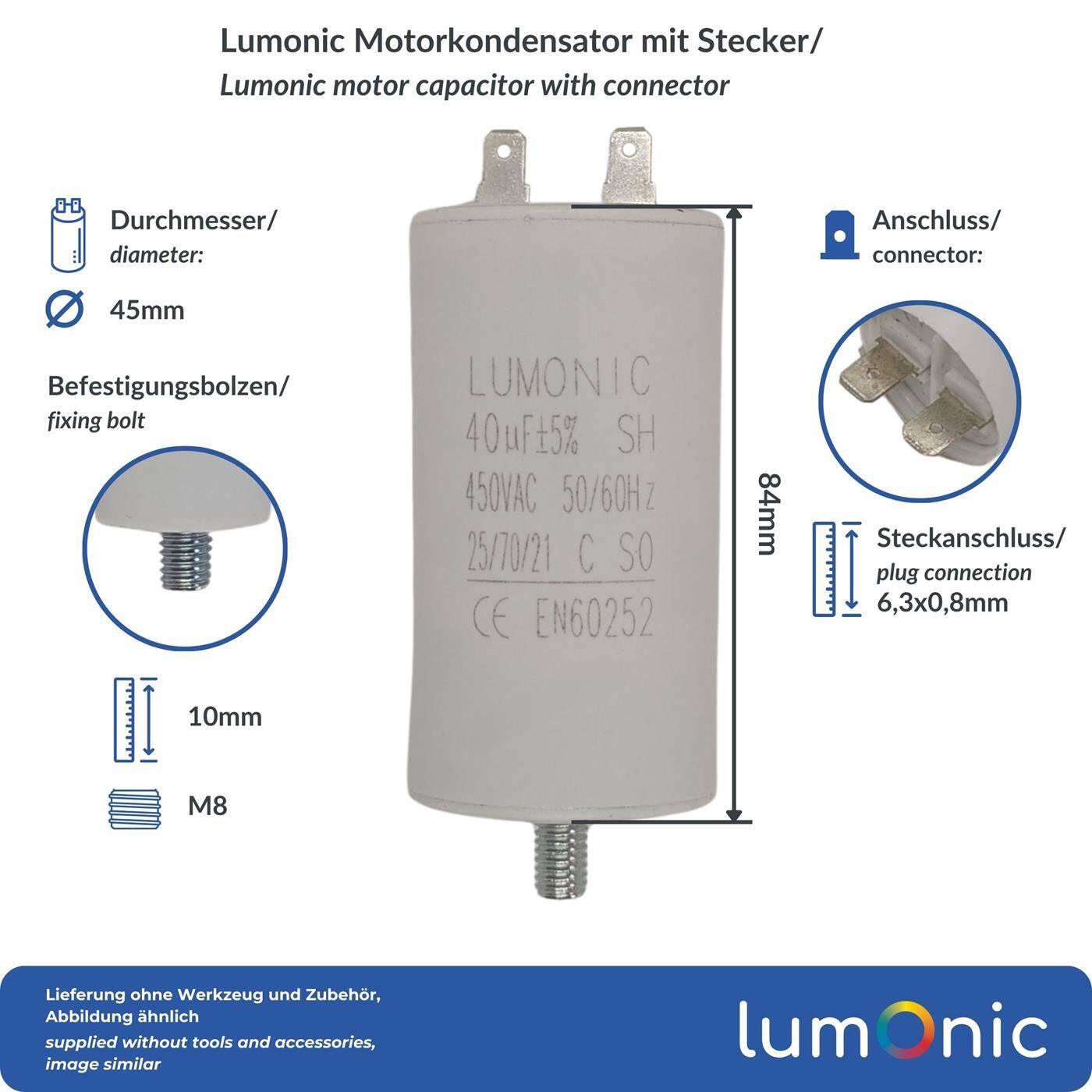Lumonic Anlaufkondensator 40µF 450V | mit Stecker I 45x84mm I 40uF I Motorkondensator mit Kunststoffgehäuse I Betriebskondensator I für Pumpen, Rasenmäher, Werkzeuge