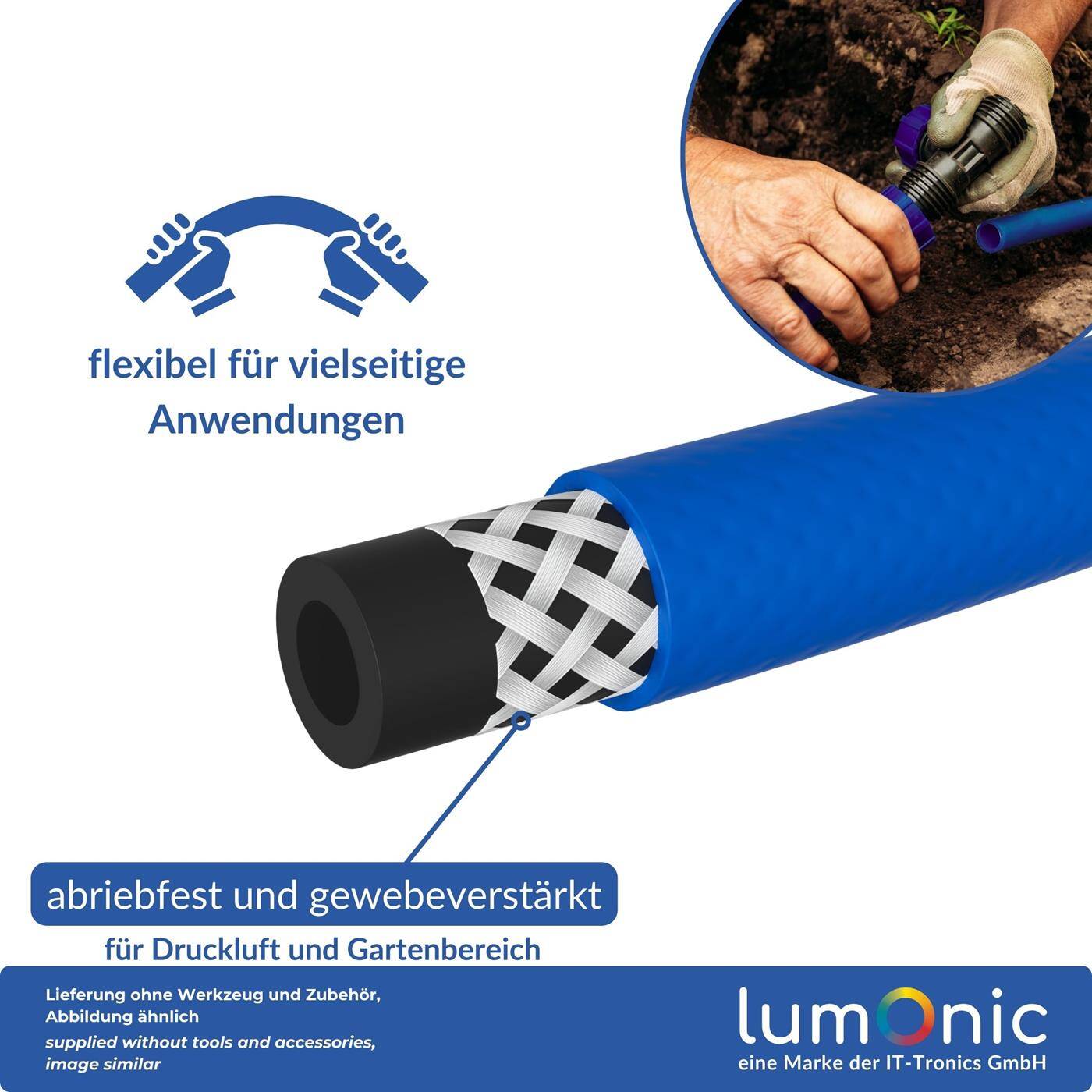 Lumonic 10m Compressed air hose I 6mm I Flexible, abrasion-resistant and fabric-reinforced I Compressed air I Water hose I PVC hose up to 20 bar