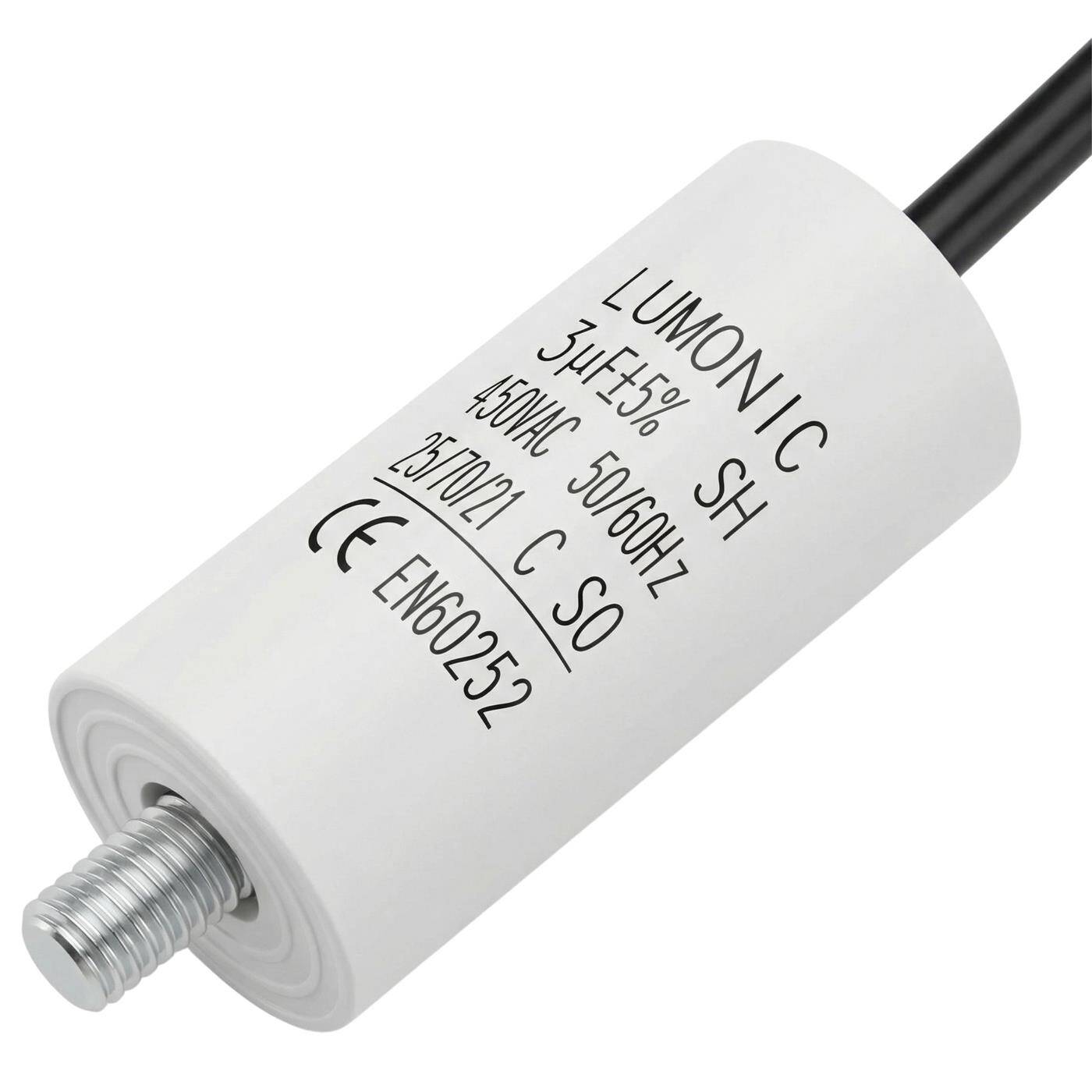 Lumonic Anlaufkondensator 3µF 450V | mit Kabel I 26x55mm I 3uF I Motorkondensator mit Kunststoffgehäuse I Betriebskondensator I für Pumpen, Rasenmäher, Werkzeuge