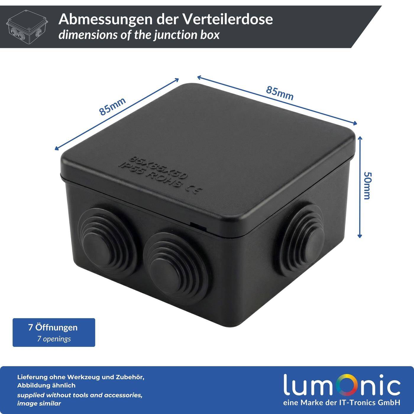 Lumonic Verteilerdose Aufputz IP55 schwarz | Kompakt 85x85x50mm, 7 Kabeleinführungen | Steckdeckel für schnellen Zugriff | Hochwertiges PVC | Innenraum, Keller, Garage, Vordach