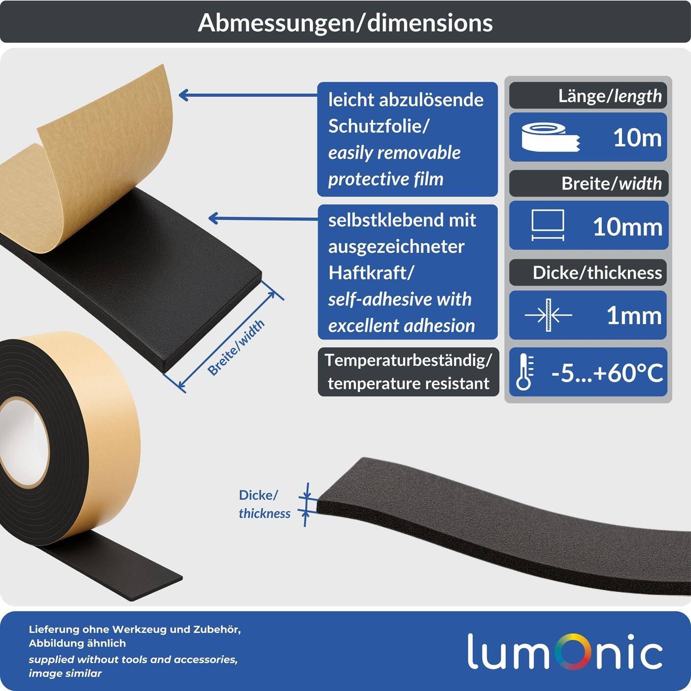 Lumonic 10m EPDM Dichtungsband Selbstklebend 10mm x 1mm | Moosgummi Dichtband für Fenster + Türen | Fensterdichtung, Türdichtung, Gummidichtung zum Kälteschutz