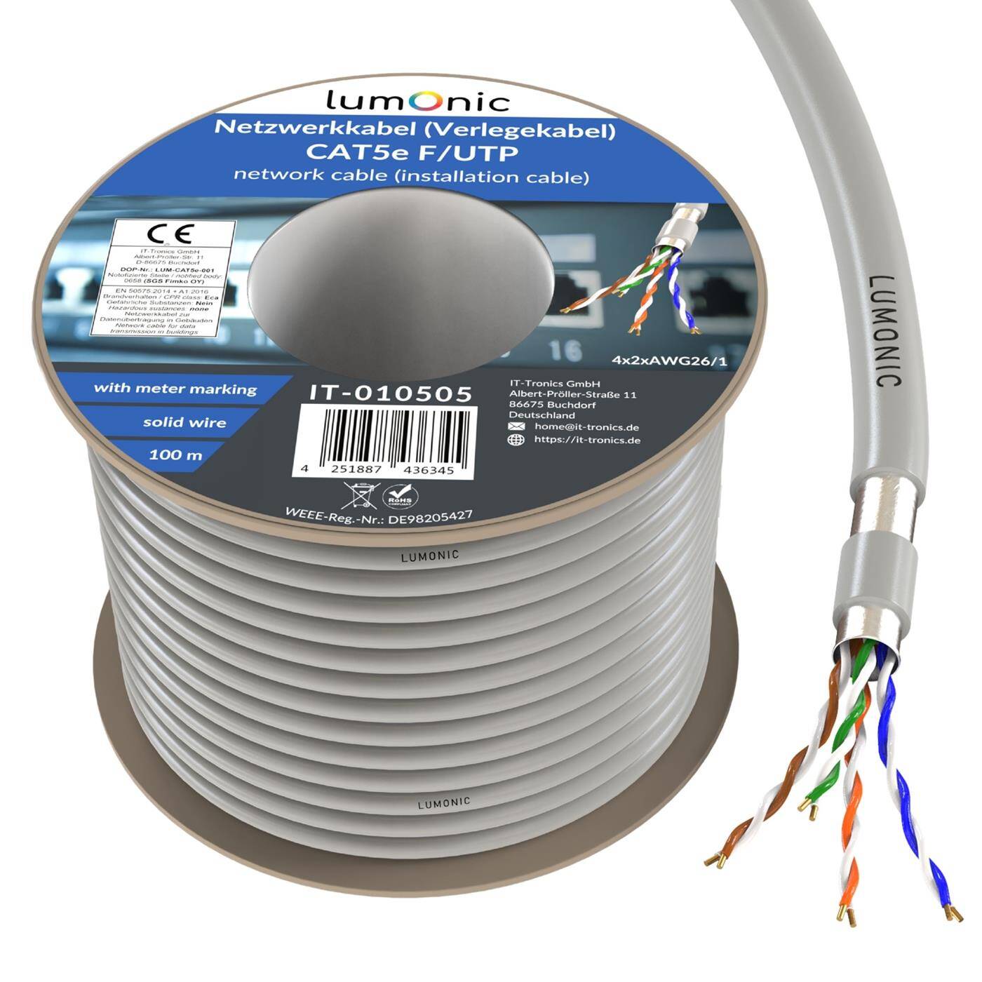 Lumonic LAN Netzwerkkabel 100m | LAN Kabel CAT5e F/UTP | Verlegekabel 4x 2x AWG26/1 (starr) | 100MHz Gigabit Ethernet