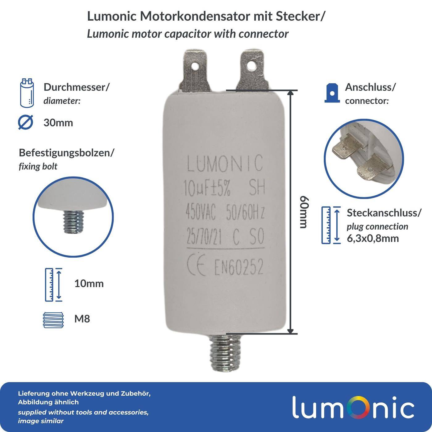 Lumonic Anlaufkondensator 10µF 450V | mit Stecker I 30x60mm I 10uF I Motorkondensator mit Kunststoffgehäuse I Betriebskondensator I für Pumpen, Rasenmäher, Werkzeuge