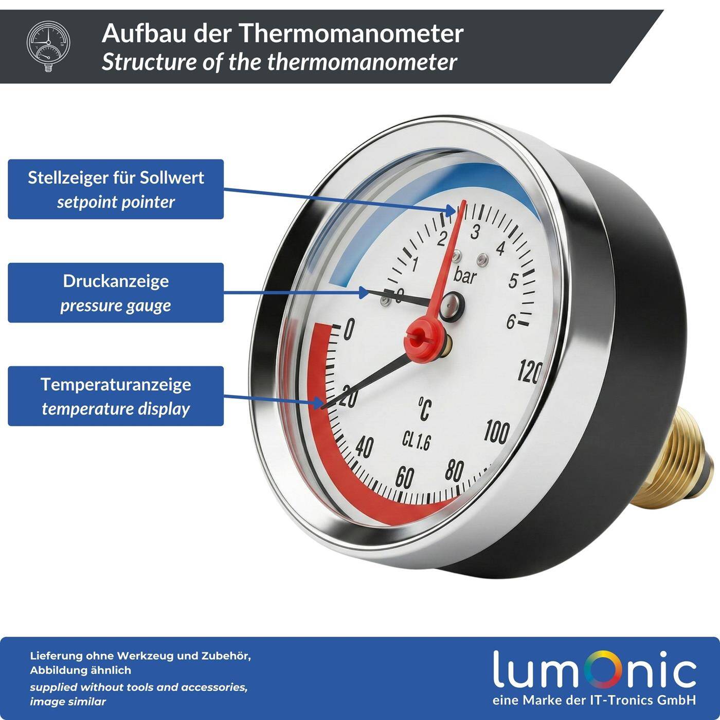 Lumonic Thermomanometer 6bar 0-120°C | 1/4 + 1/2 Zoll (Adapter) | Anschluss hinten | Ø 80mm, große Skala | Heizung Manometer | Metallgehäuse
