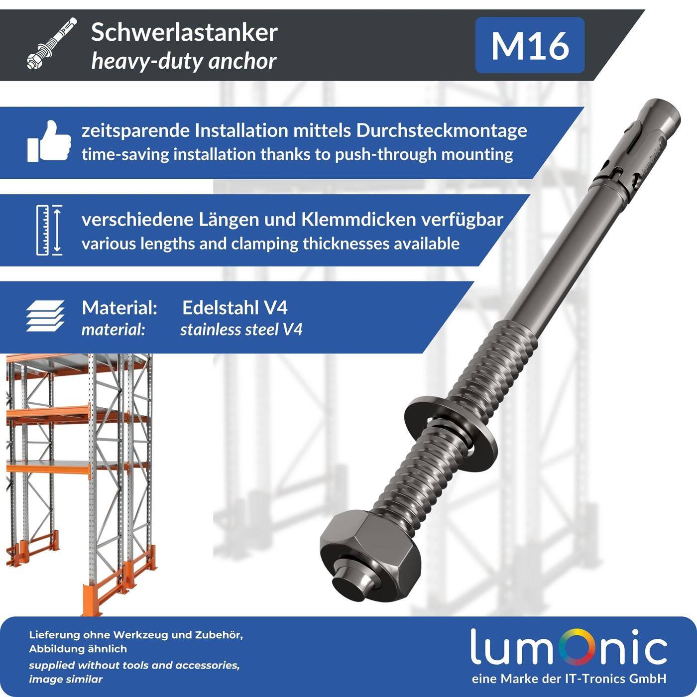Lumonic Schwerlastdübel M16 x 215mm | hochwertige Edelstahl V2A Keilanker | Durchsteckmontage,  | Betonanker, Schwerlastanker | für Überdachungen, Geländer, Regale, Trennwände