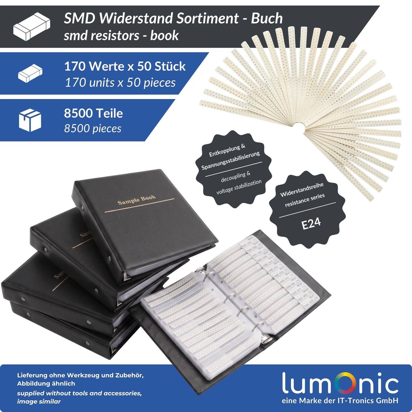 Lumonic SMD Widerstand 0805 Sortiment | 170 Werte je 50 Stück | E24 Reihe 8500 Stück | 1% Genauigkeit Widerstandsbuch | SMD Resistor Kit für Labor, Prototypen und DIY