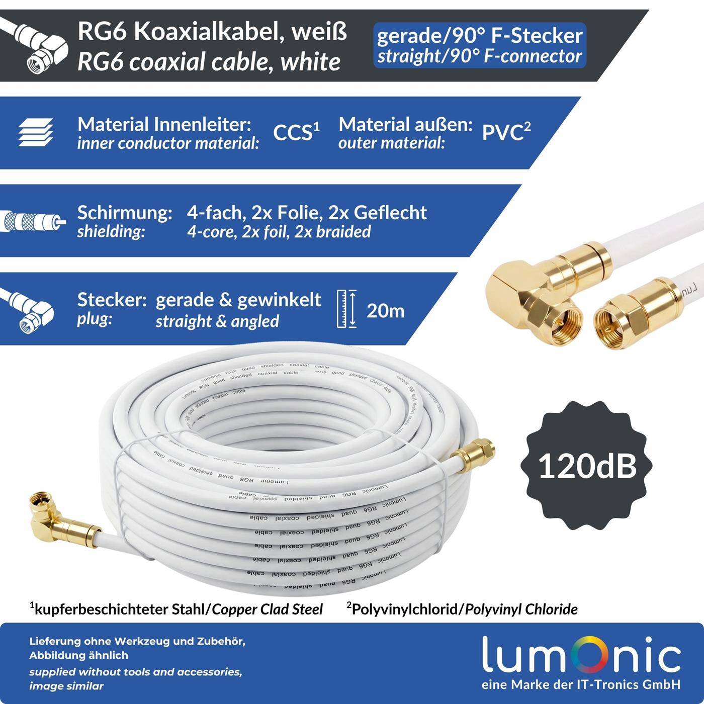 Lumonic 20m Antenna cable RG6 | Gold-plated straight &amp; 90° angled F plugs | White | 4-fold shielded 120dB | ready-made | Coaxial cable, satellite cable, DVB-T2, cable internet