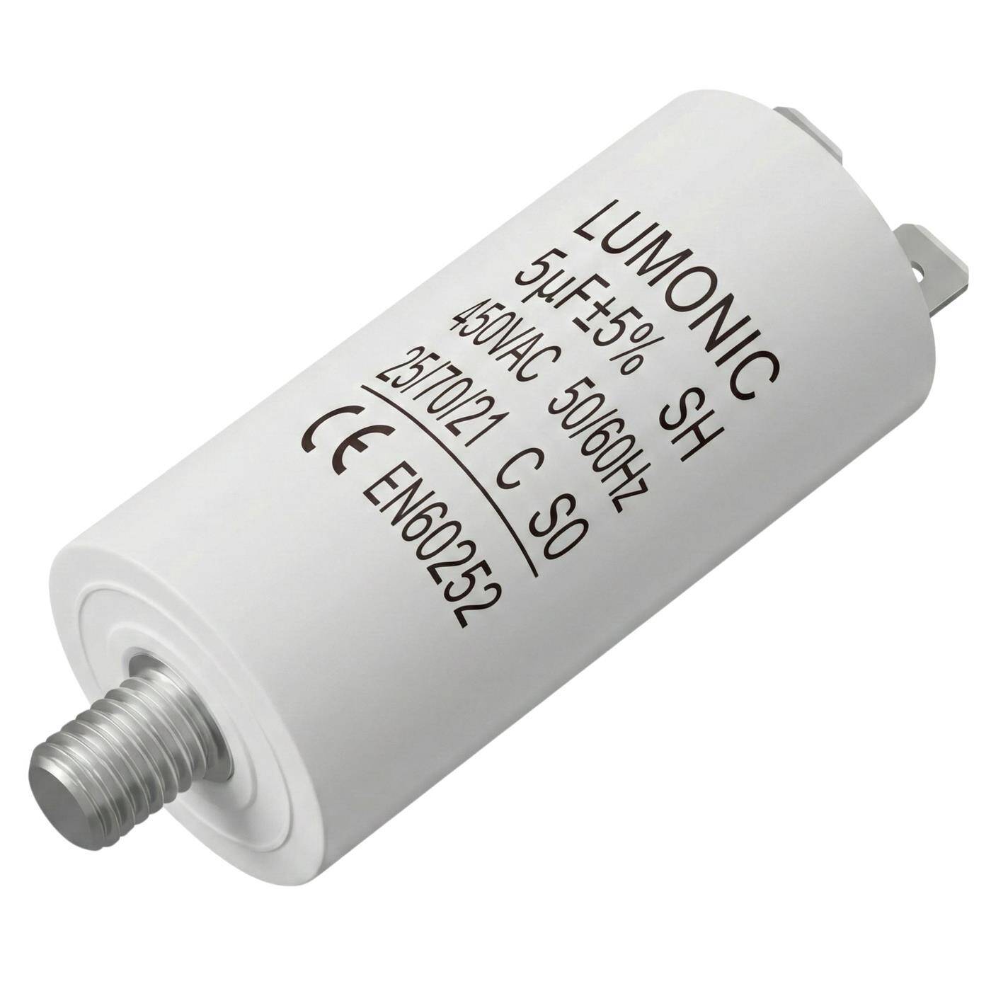 Lumonic Anlaufkondensator 5µF 450V | mit Stecker I 26x55mm I 5uF I Motorkondensator mit Kunststoffgehäuse I Betriebskondensator I für Pumpen, Rasenmäher, Werkzeuge
