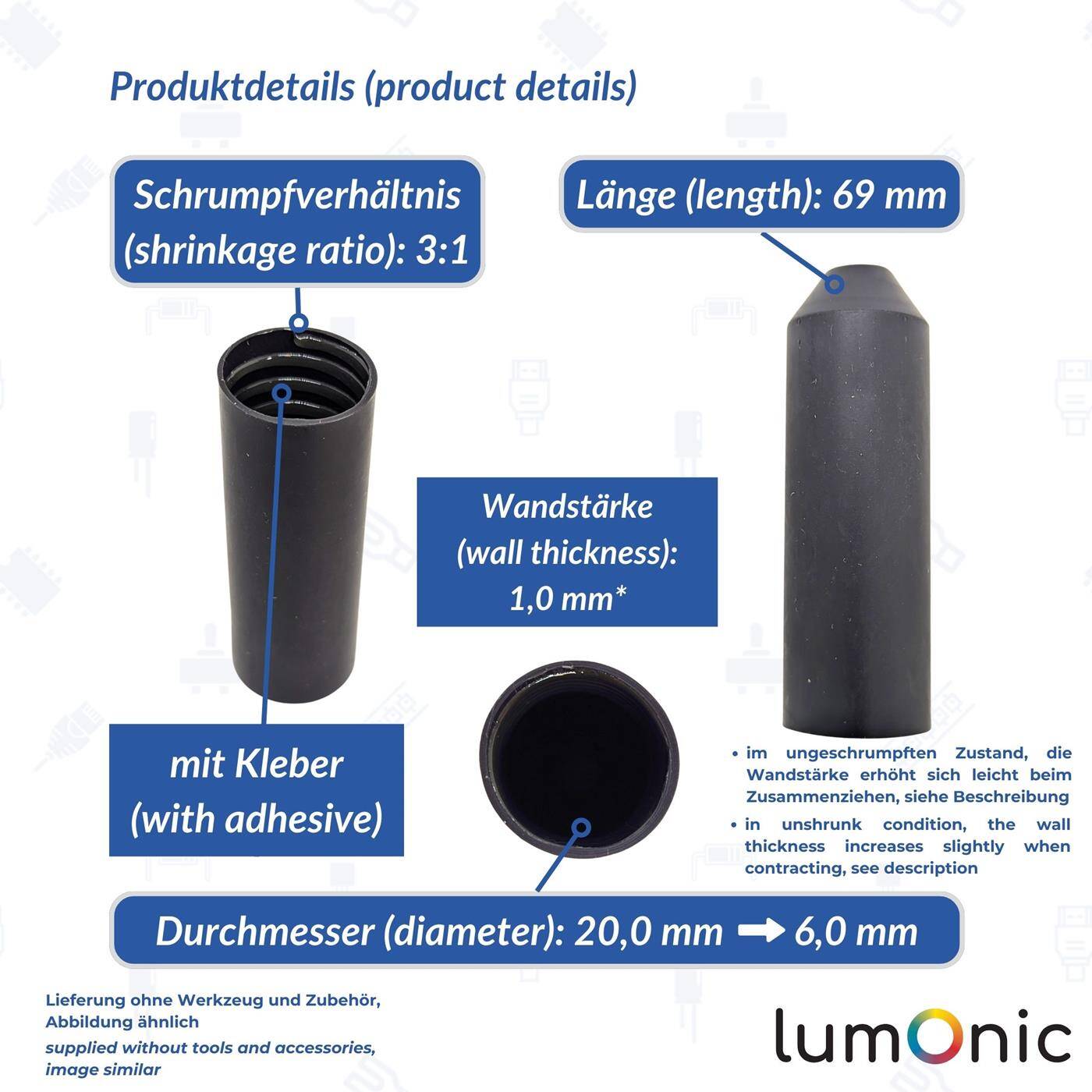 Warmschrumpf Endkappe mit Kleber 20 -> 6mm schwarz Verhältnis 3:1 vernetztes Polyolefin Schrumpfkappe für Kabel, Rohre und Seile