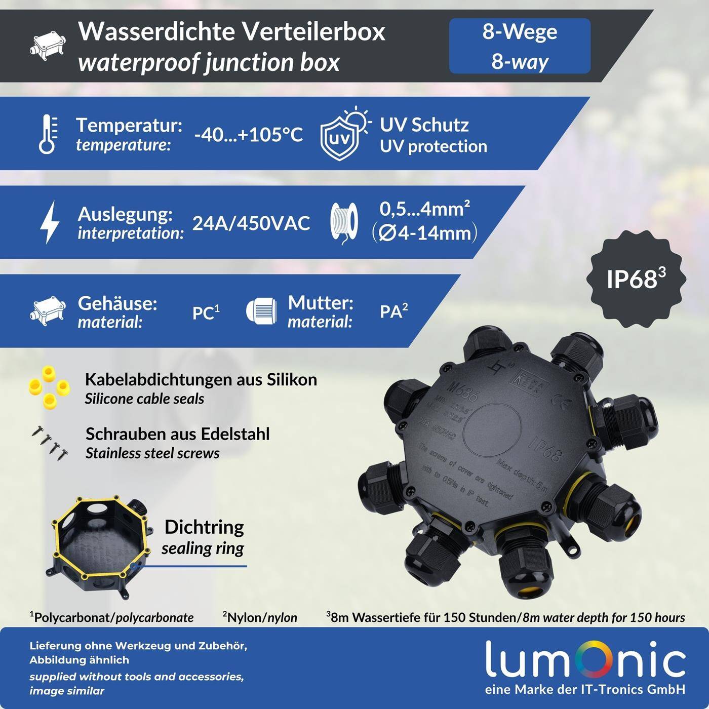 8-Wege Abzweigdose wasserdicht IP68, schnelle, sichere Kabelverteilung, für Kabel 0,5-4mm², UV-Beständig, -40°C bis+ 105°C, Verteilerdose für Outdoor, Garten, Erdkabel