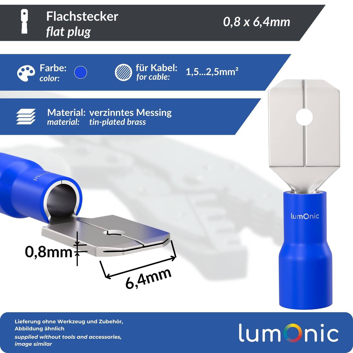 Lumonic 25x Flat plug 1,5-2,5mm²  | for blade receptacle 0,8 x 6,4mm | Partially insulated | Cable connector without soldering | Tin-plated brass | Automotive, mechanical engineering