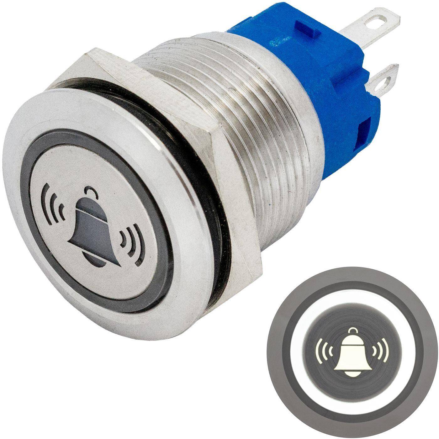 Lumonic Edelstahl Drucktaster flach 19mm Durchmesser I Mit einer Glocke LED in Kalt-Weiß Maße: 2,8x0,5mm Pin s 250V 3A I Vandalismussicher nach dem IP65 Standard