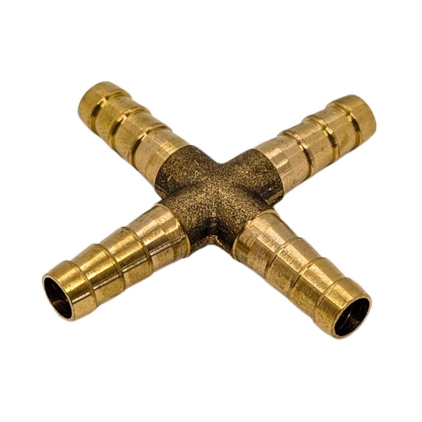 X-Schlauchverbinder für 6mm (1/4") Schlauch aus Messing Kreuz-Verbinder X-Stück mit Dornenprofil Druckluft & Wasser für Werkstätten, Betriebe und Heimwerker