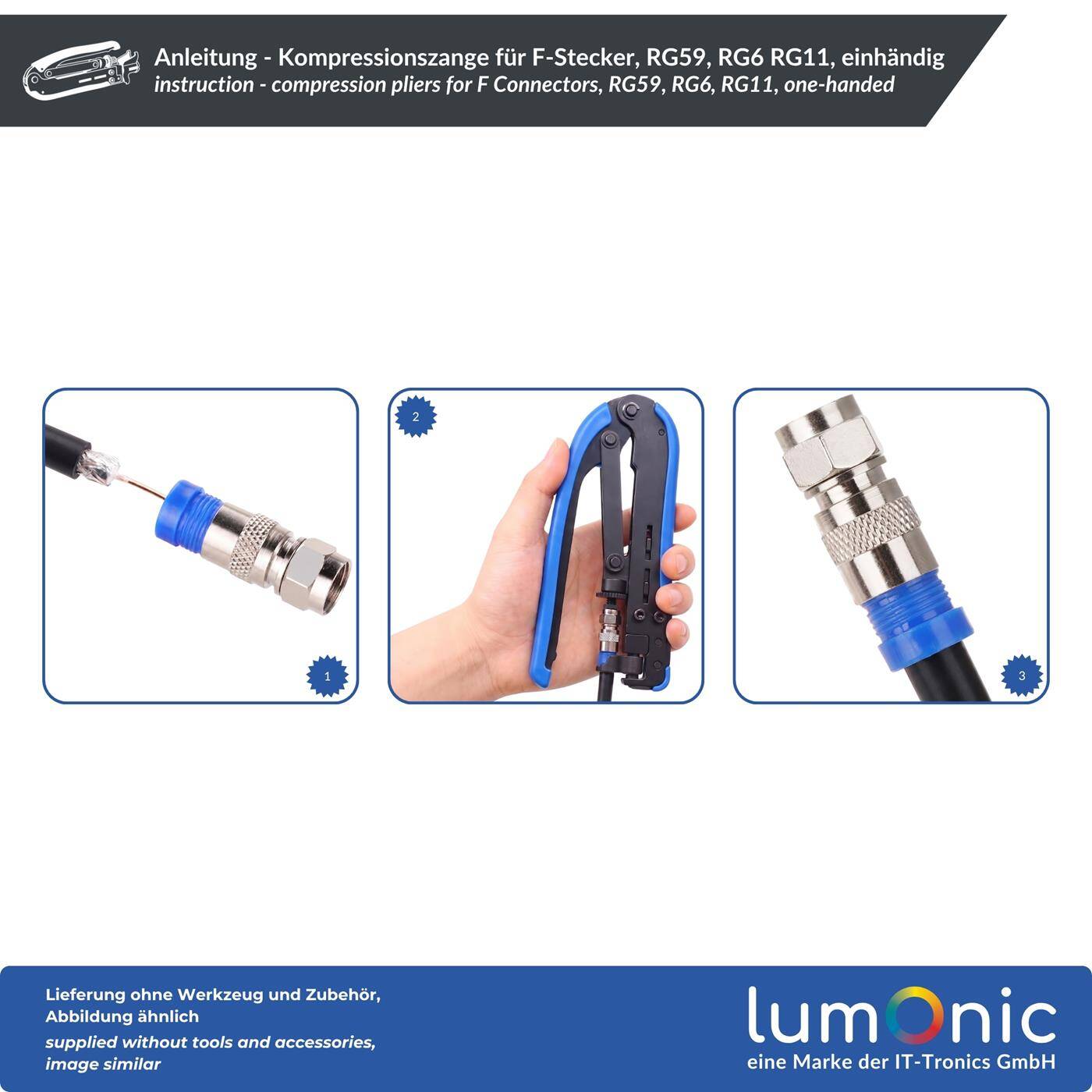 Lumonic Compression Pliers for F Connectors, RG59, RG6, RG11, One-Handed - Adjustment Wheel for RG59, RG6, and RG11, Axial Compression, Metal, for Coaxial Cables, Satellite Cables, and Antenna Outlets