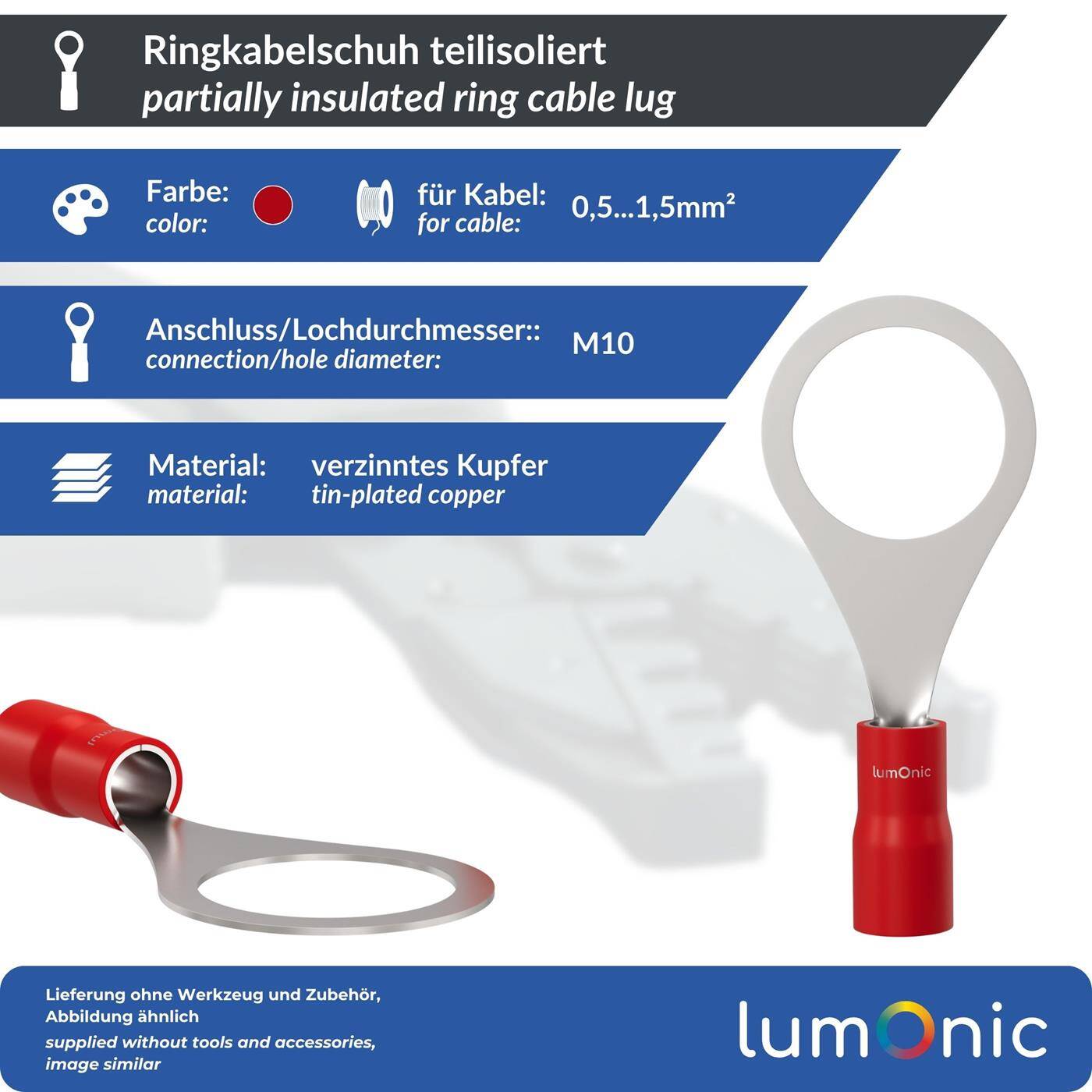 Lumonic 25x Ringkabelschuh 0,5-1,5mm² teilisoliert | M10 | Kupfer verzinnt | sichere Kabelverbindung ohne Löten | Set, Crimp-Kabelschuh, Quetschverbinder, Ringöse | KFZ, Maschinenbau, Wohnmobil, Batterie