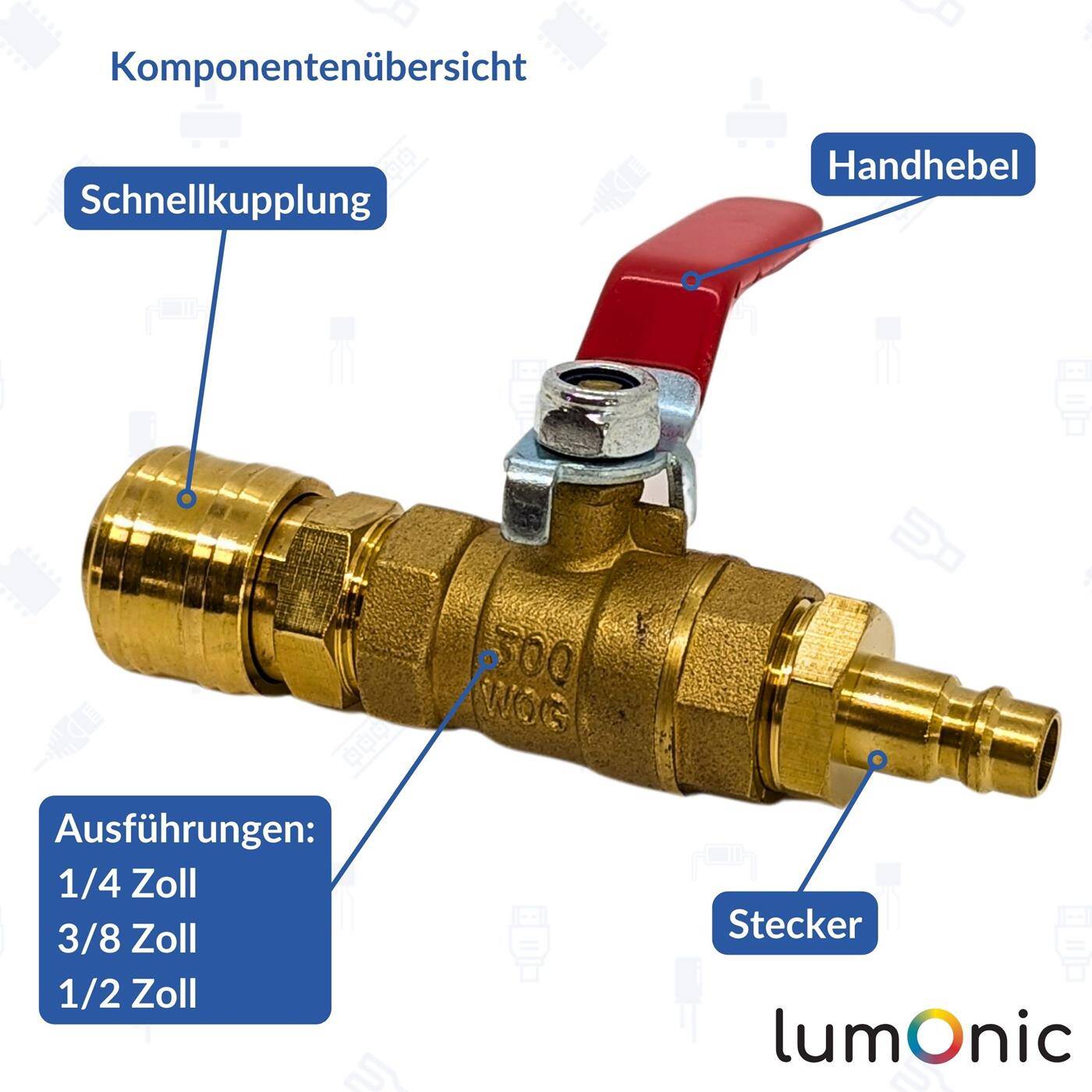 Ball valve 3/8 Customs with quick coupling and plug Corrosion-resistant brass Stopcock for compressed air Workshop