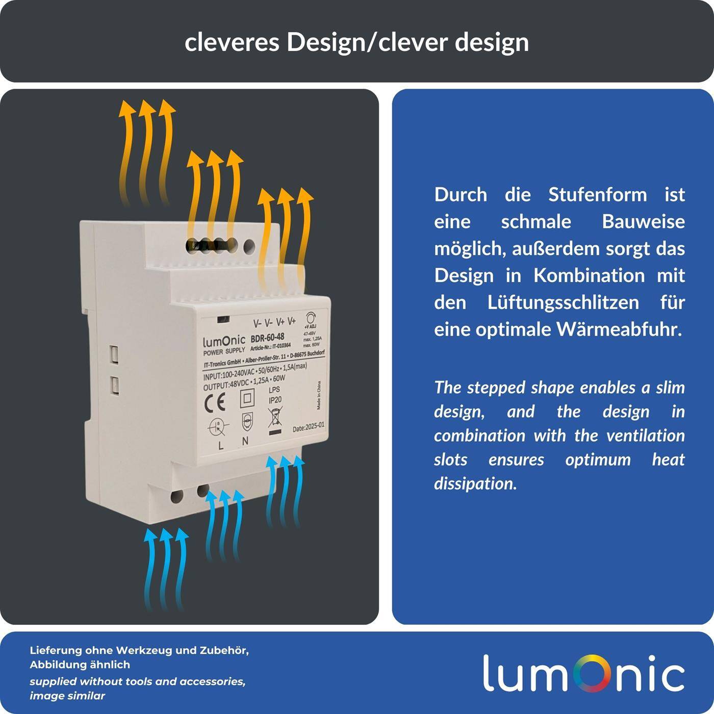 Lumonic I Netzteil Hutschiene BDR-60-48 I 48V / 60W I Input 100-240VAC I Überlastschutz & kurzschlussfest I DIN-Rail Schaltnetzteil I Schaltschrank & Verteilerkasten