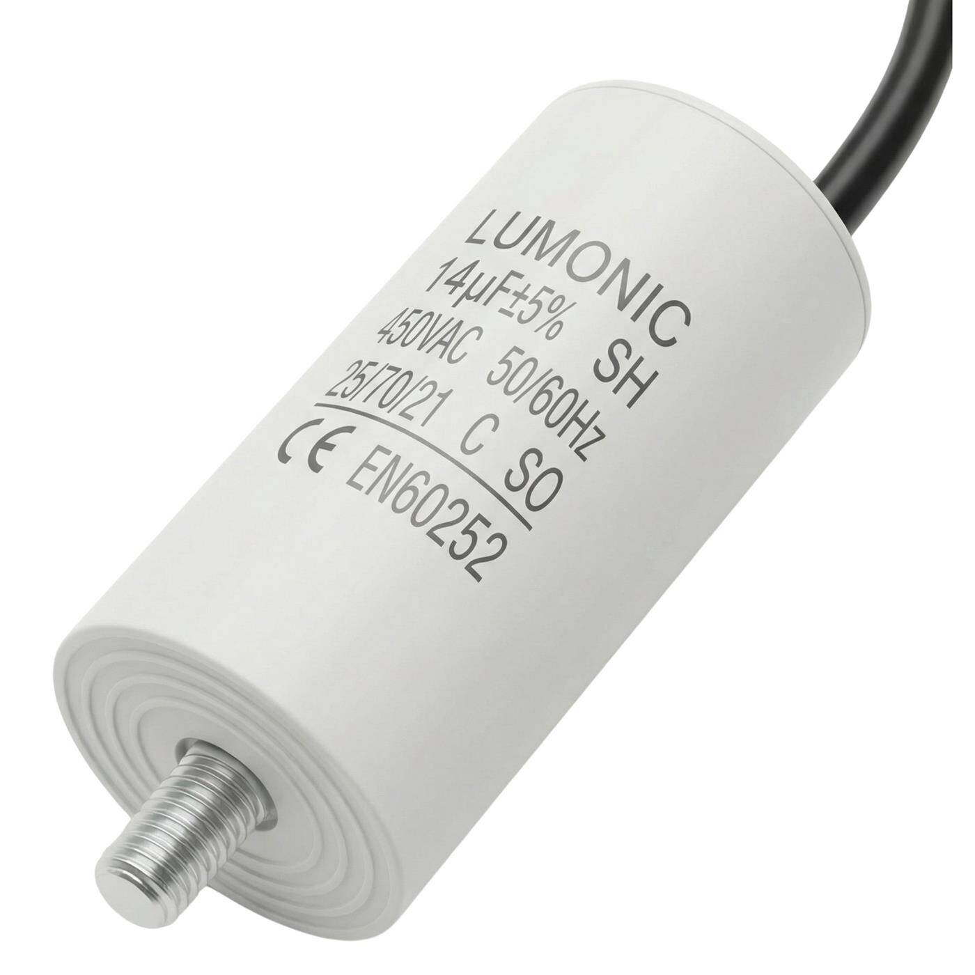 Lumonic Anlaufkondensator 14µF 450V | mit Kabel I 34x70mm I 14uF I Motorkondensator mit Kunststoffgehäuse I Betriebskondensator I für Pumpen, Rasenmäher, Werkzeuge