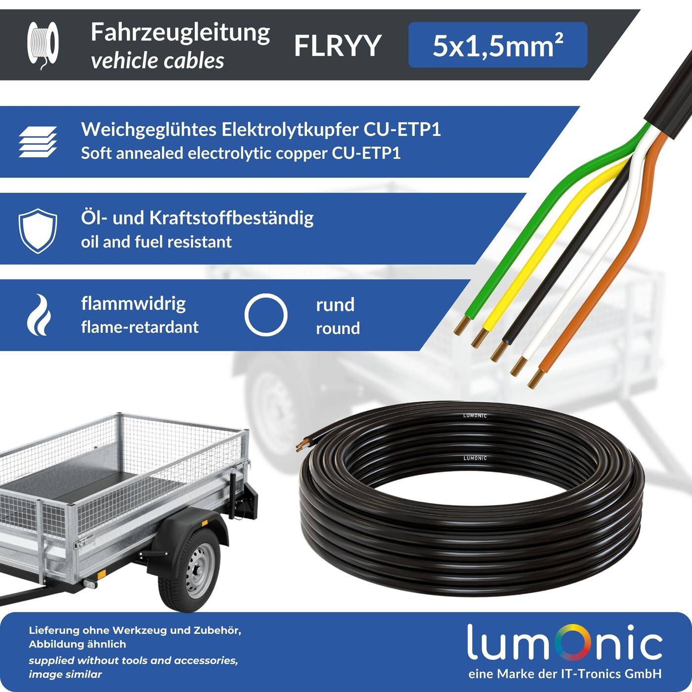 1m FLRYY Fahrzeugleitung 5x1,5mm² rund Kabel KFZ Anhängerkabel Niedervolt