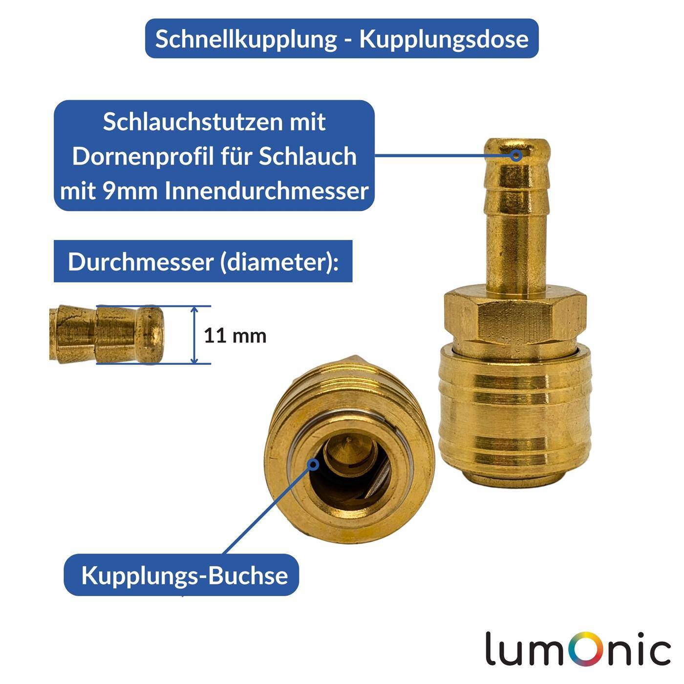 Lumonic I Kupplungsdose mit Schlauchstutzen I für 9mm Schlauch I aus Messing I Druckluftkupplung-Buchse I Schnellkupplung I für Werkstätten, Betriebe und Heimwerker