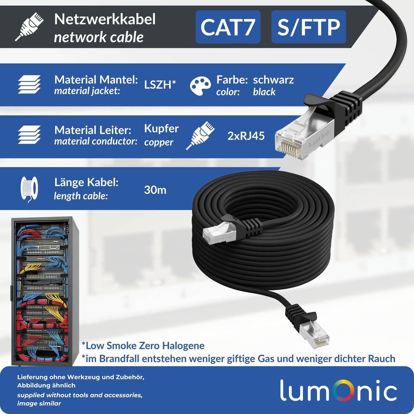 30m RJ-45 Netzwerkkabel Patchkabel CAT7 Schwarz S/FTP Ethernet DSL LAN CAT.7