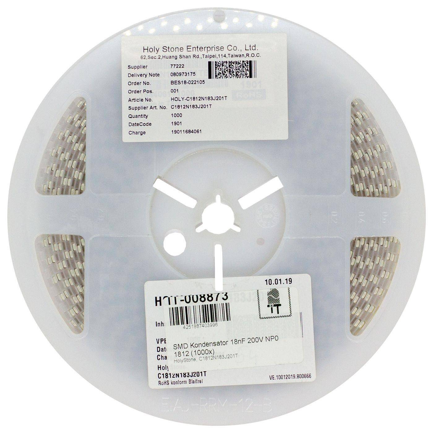 1000x SMD Capacitor 18000pF 200V 1812 NP0 / C0G HolyStone C1812N183J201T 18nF