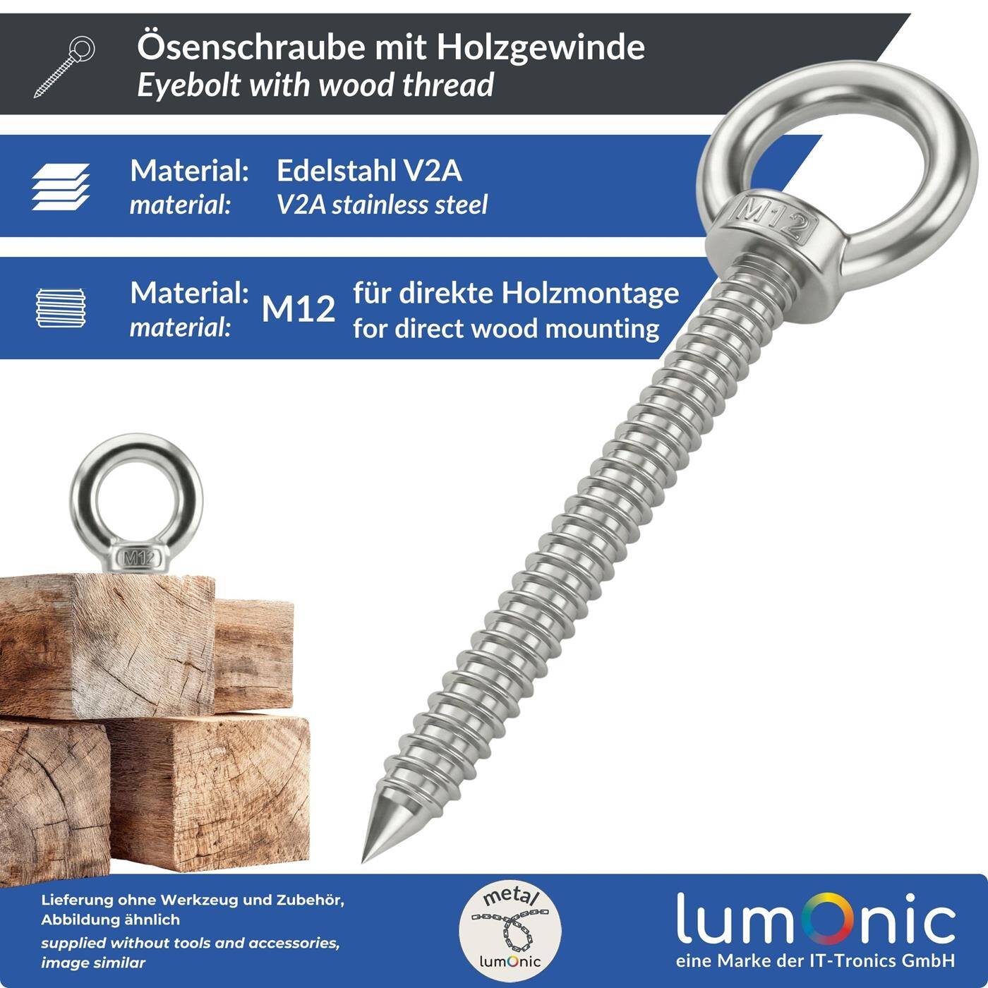 Lumonic Ösenschraube V2A Edelstahl mit Holzgewinde | M12x120mm |  | Befestigung an Balken/Holzpfosten | Ringschraube für Sonnensegel, Hängematte, Schaukel + Ketten