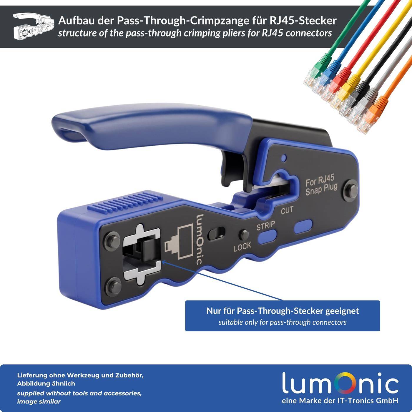 Lumonic Pass-Through Crimping Pliers for RJ45 Connectors - for pass-through connectors, metal body, crimping and front-end cutting in a single operation, all CAT classes