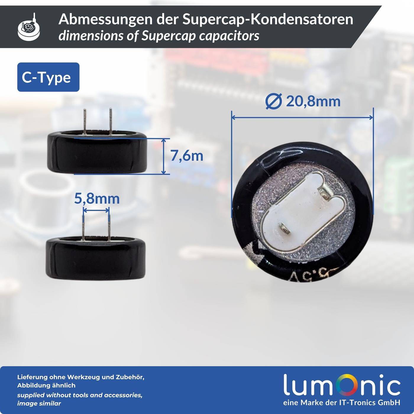 Supercap 0,68F 5,5V C-Type, direkt einsetzbarer EDLC, hohe Kapazität, 5,5V Monoblock - kein Balancing notwendig, Flackerschutz, Backup, SPS, Heizung
