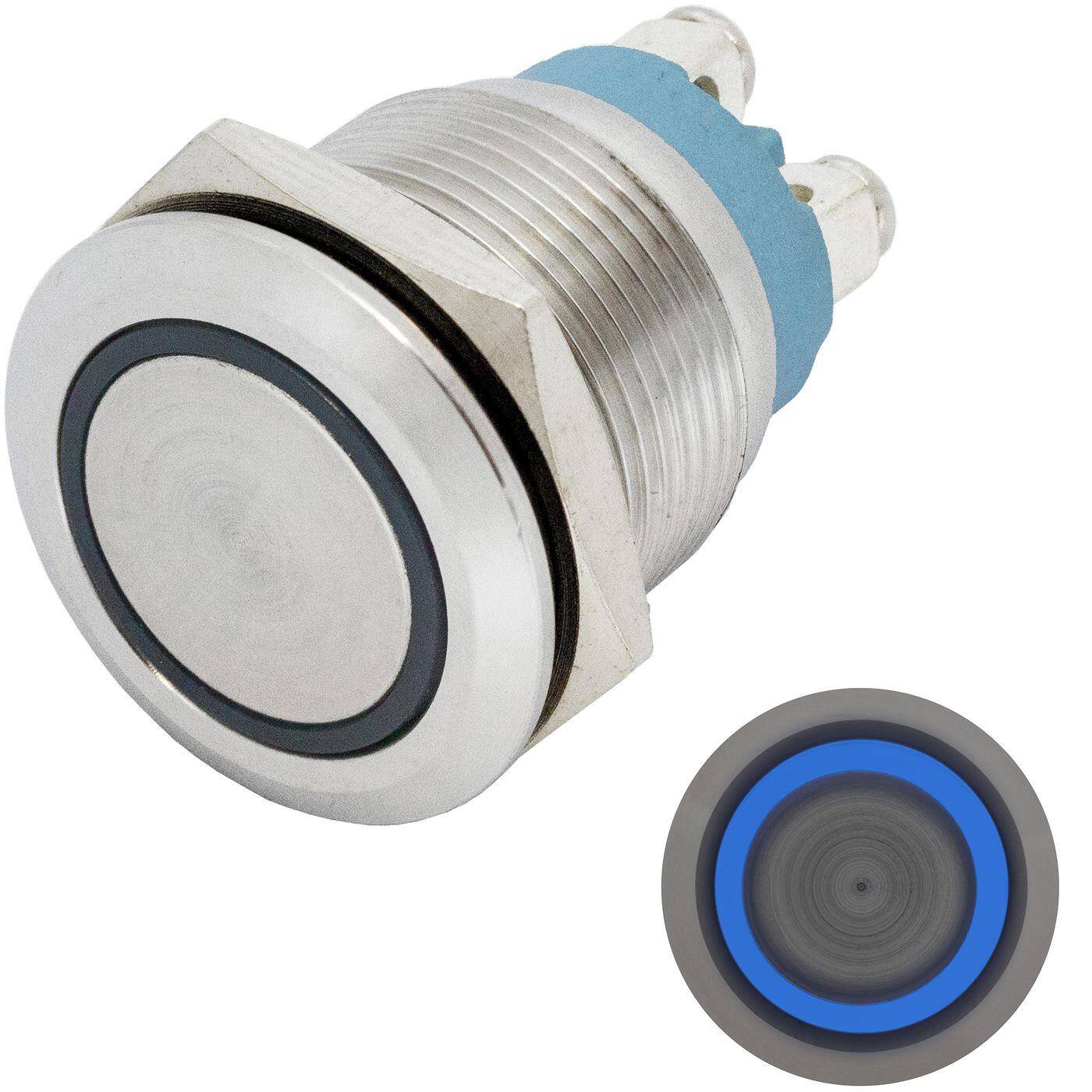 Lumonic Edelstahl Drucktaster flach 19mm Durchmesser I Mit einer Ring LED in Blau Maße: Schraubanschluss 250V 3A I Vandalismussicher nach dem IP65 Standard