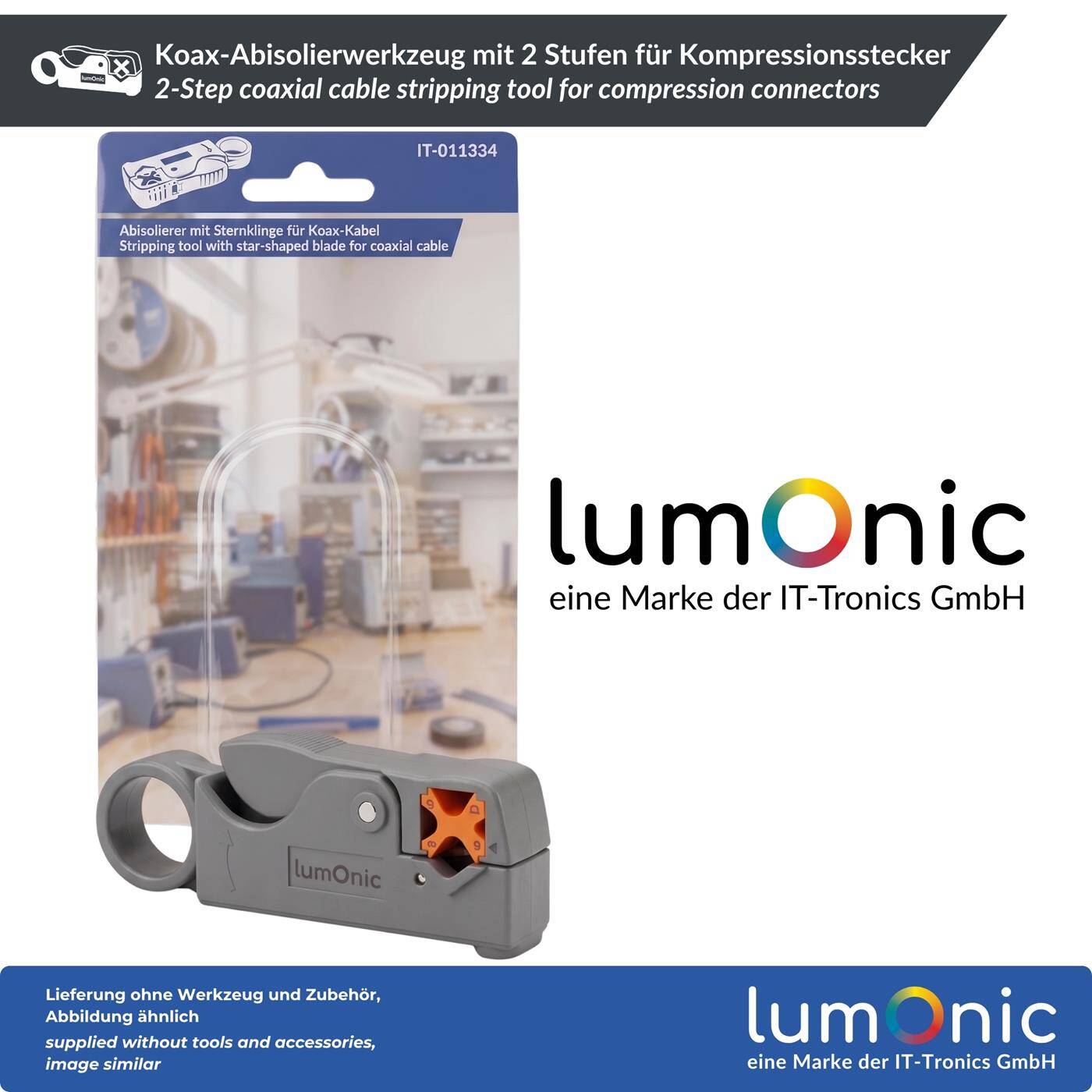 Lumonic Koax-Abisolierwerkzeug mit 2 Stufen für Kompressionsstecker - Für RG58, RG59, RG6, F-Stecker, BNC und Kompressionsstecker, zwei Klingen in einem Arbeitsgang, Metallklingen, Serienmontage