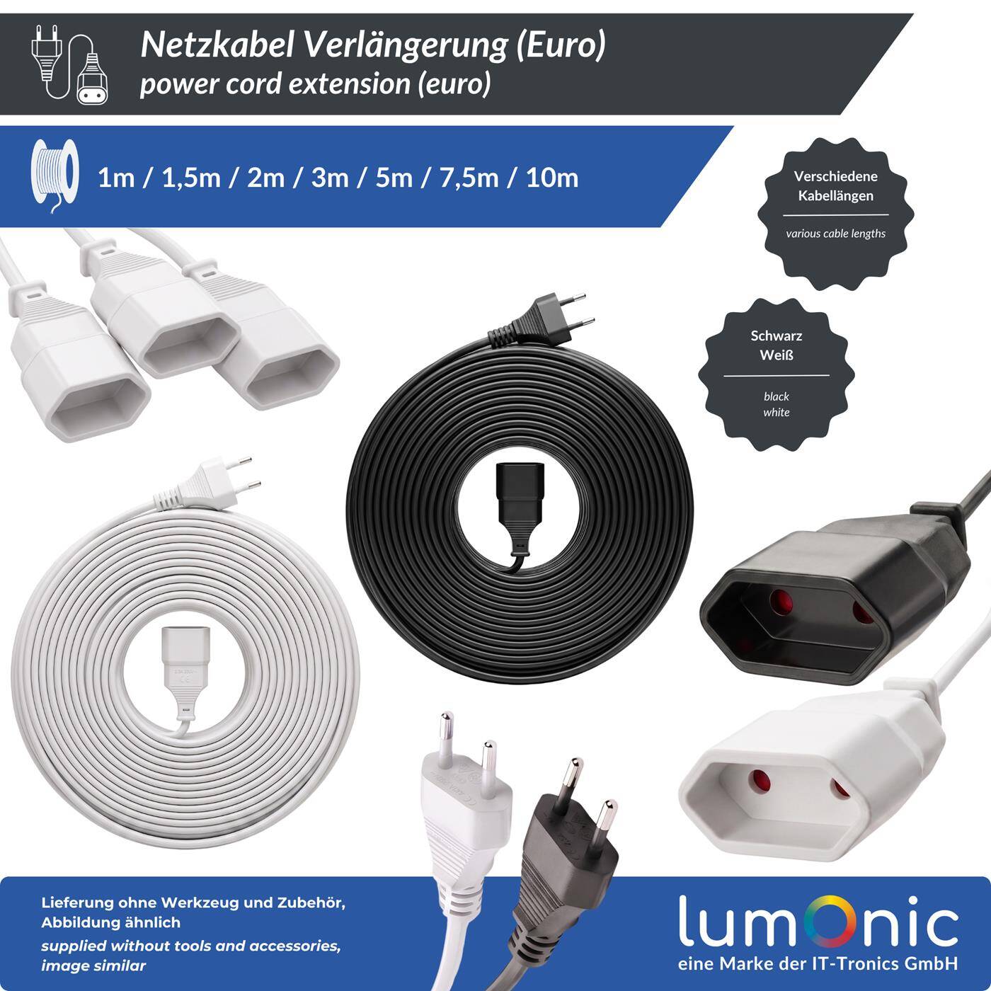 Lumonic Eurostecker Verlängerungskabel Weiß, 7,5 m, 230 V - Flaches Steckerdesign mit Knickschutz, Kindersicherung in der Buchse, für Leuchten und Kleingeräte, unsichtbar verlegbar