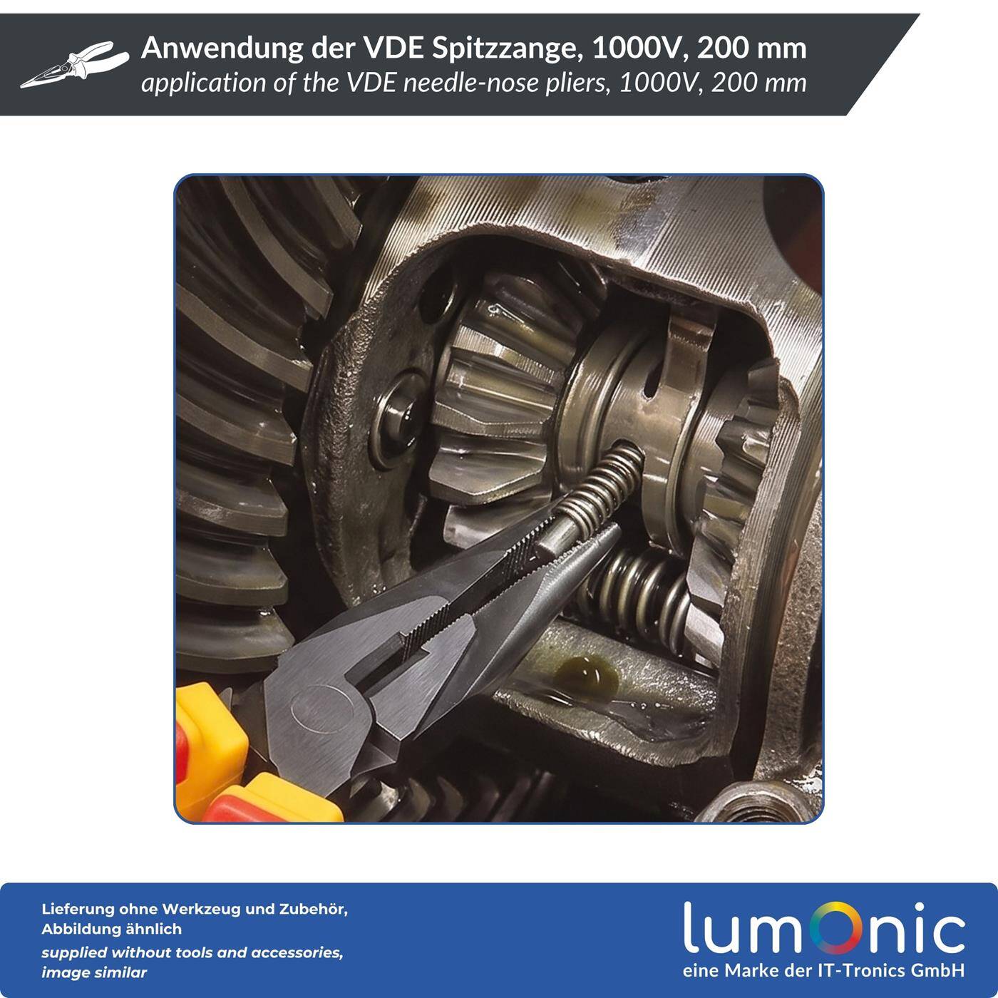 Lumonic VDE Needle-Nose Pliers, 1000 V Heavy-Duty, 200 mm - Extended serrated jaws, 60CrV steel, two-component handle, for control cabinets and junction boxes