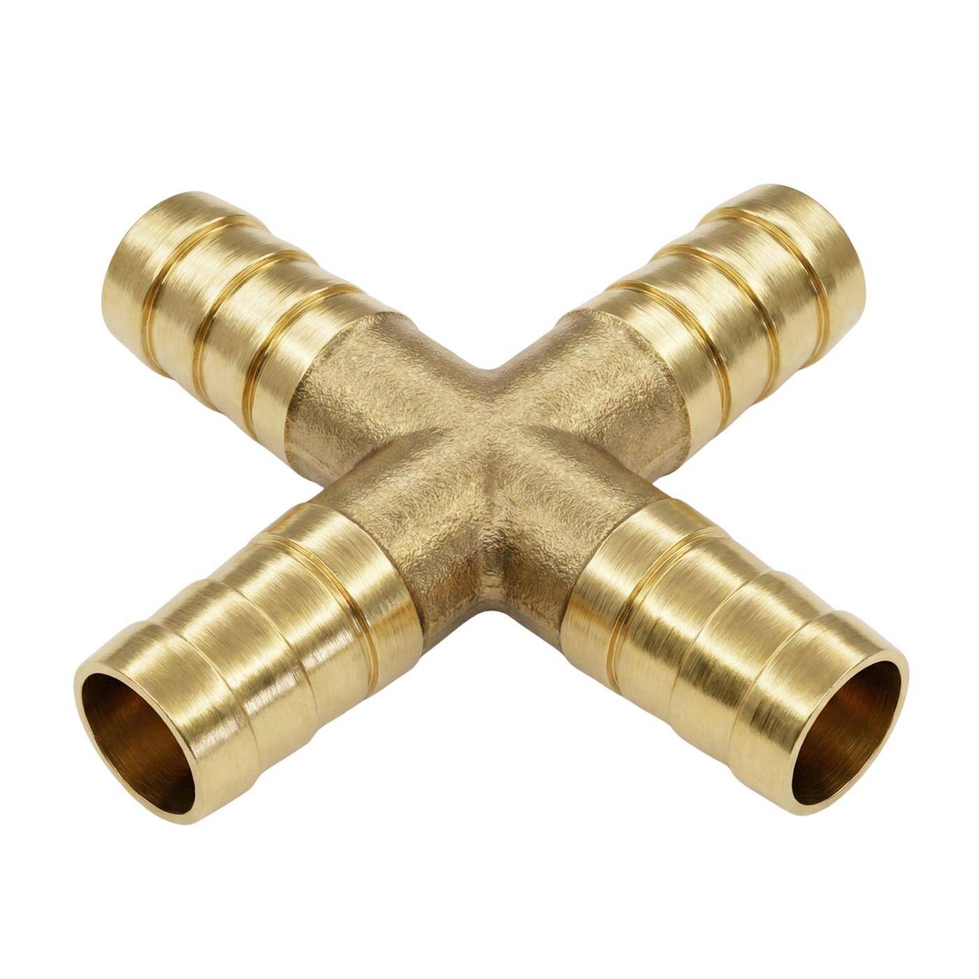 X-Schlauchverbinder für 9mm (3/8") Schlauch aus Messing Kreuz-Verbinder X-Stück mit Dornenprofil Druckluft & Wasser für Werkstätten, Betriebe und Heimwerker
