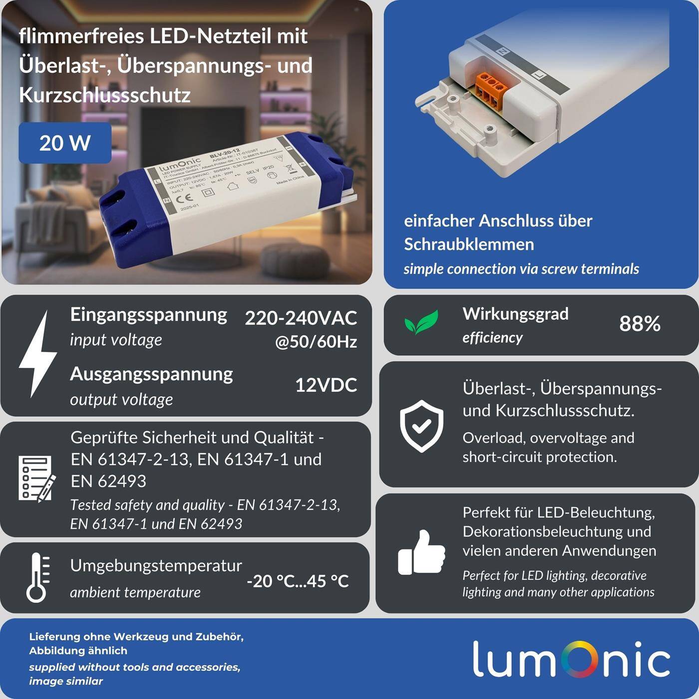 LED Trafo BLV-20-12 12V 20W Input 220-230VAC flimmerfrei & effizient Überlastschutz LED-Netzteil für LED-Beleuchtung & LED-Streifen