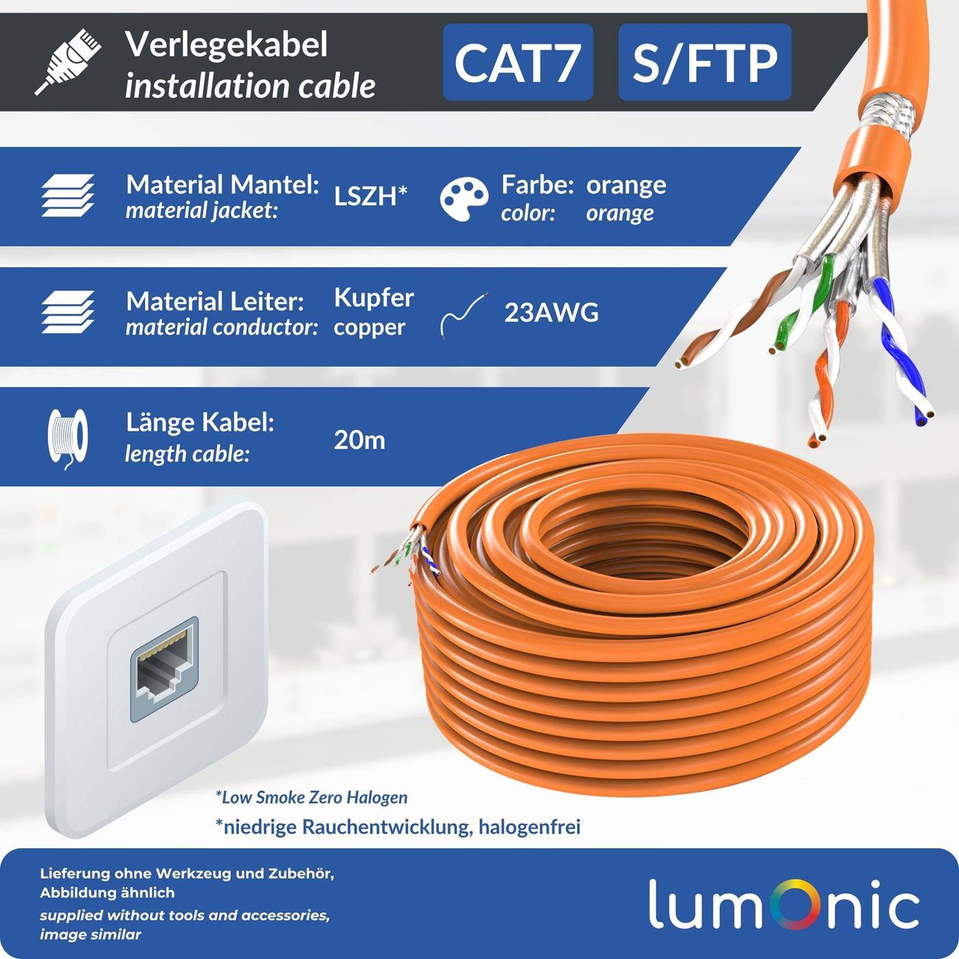 Lumonic CAT7 Netzwerkkabel S/FTP 20m | Verlegekabel AWG 23 | 100% Kupfer OFC | 10 Gbit/s | halogenfrei | 600 MHz | LAN Kabel, Ethernet Kabel